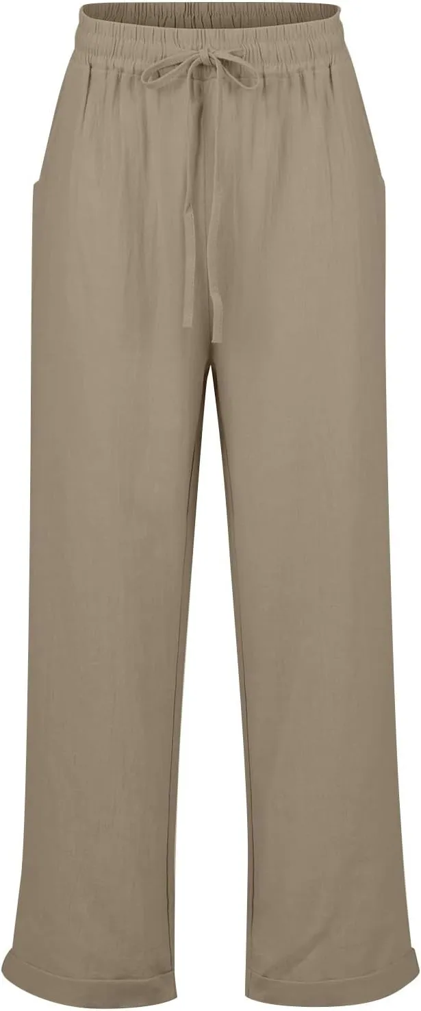 Cropped Linen Pants for Women Casual Loose Elastic Drawstring Wide Leg Pants High Waisted Work Pants with Pockets