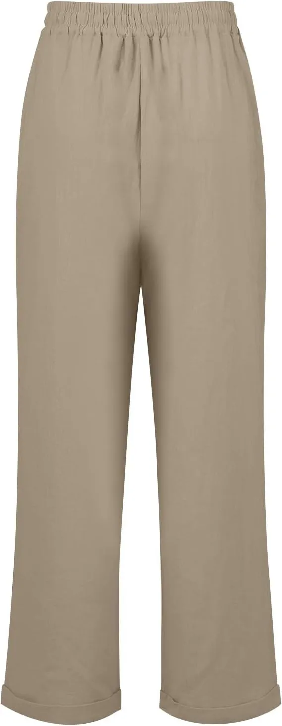 Cropped Linen Pants for Women Casual Loose Elastic Drawstring Wide Leg Pants High Waisted Work Pants with Pockets