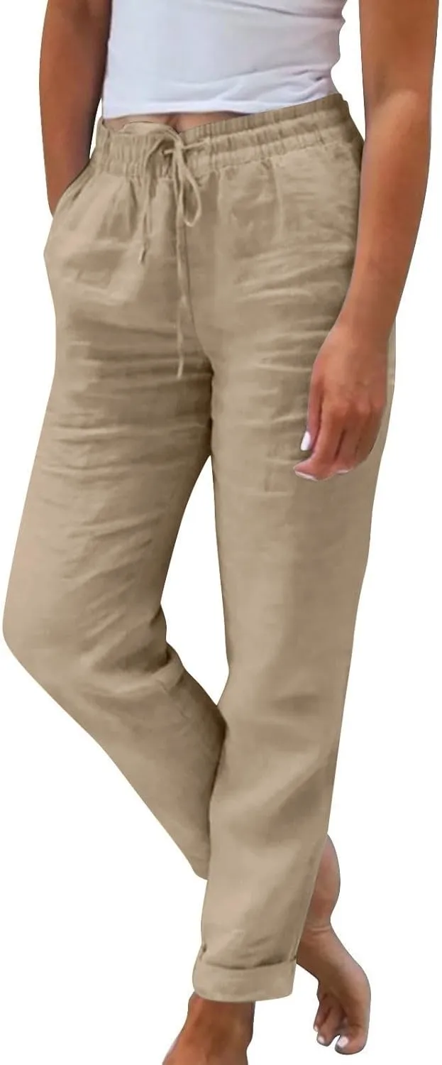 Cropped Linen Pants for Women Casual Loose Elastic Drawstring Wide Leg Pants High Waisted Work Pants with Pockets
