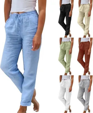 Cropped Linen Pants for Women Casual Loose Elastic Drawstring Wide Leg Pants High Waisted Work Pants with Pockets
