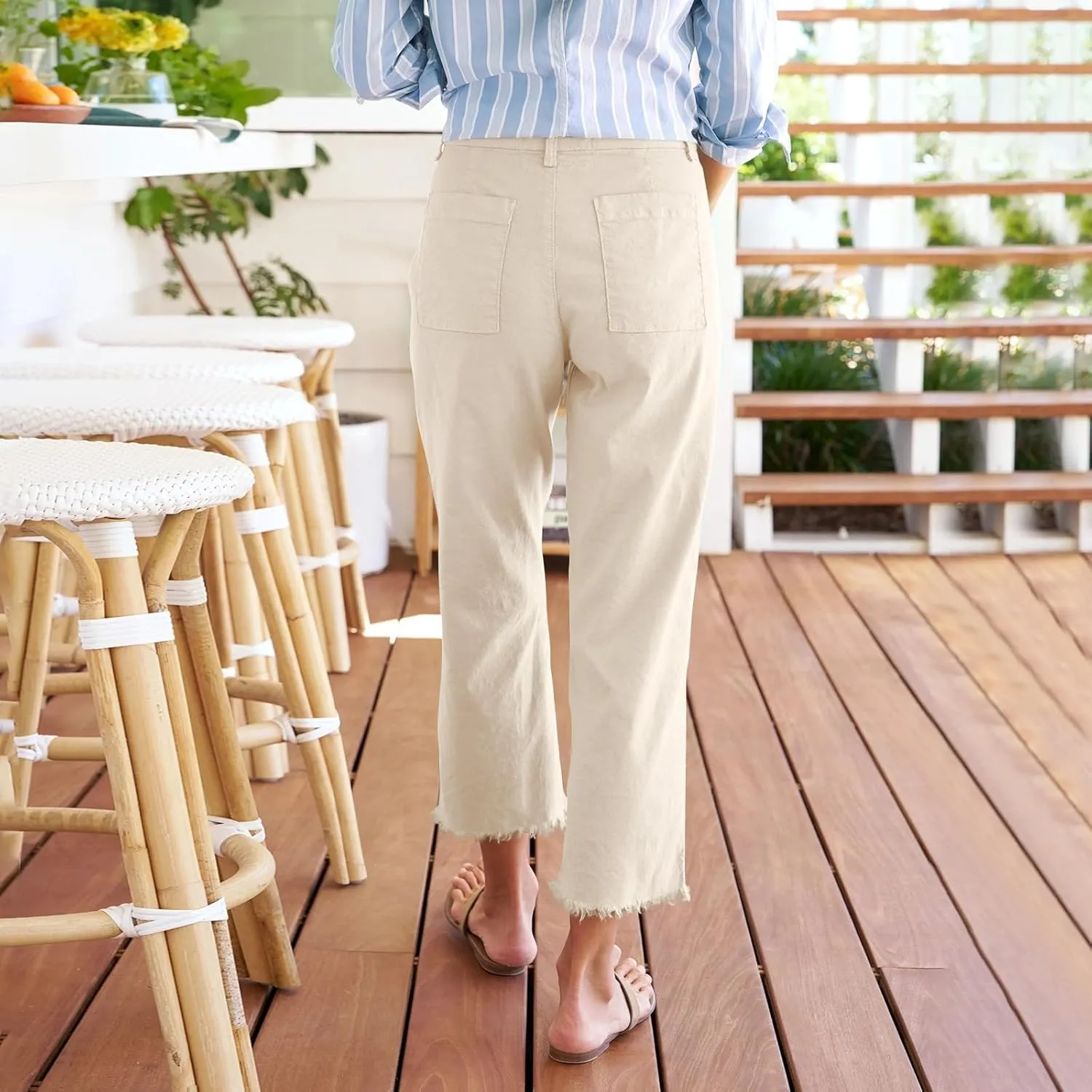 Cropped Linen Pants Women High Waisted Straight Leg Capri Work Pants Business Casual Raw Hem Ankle Pants with Pockets