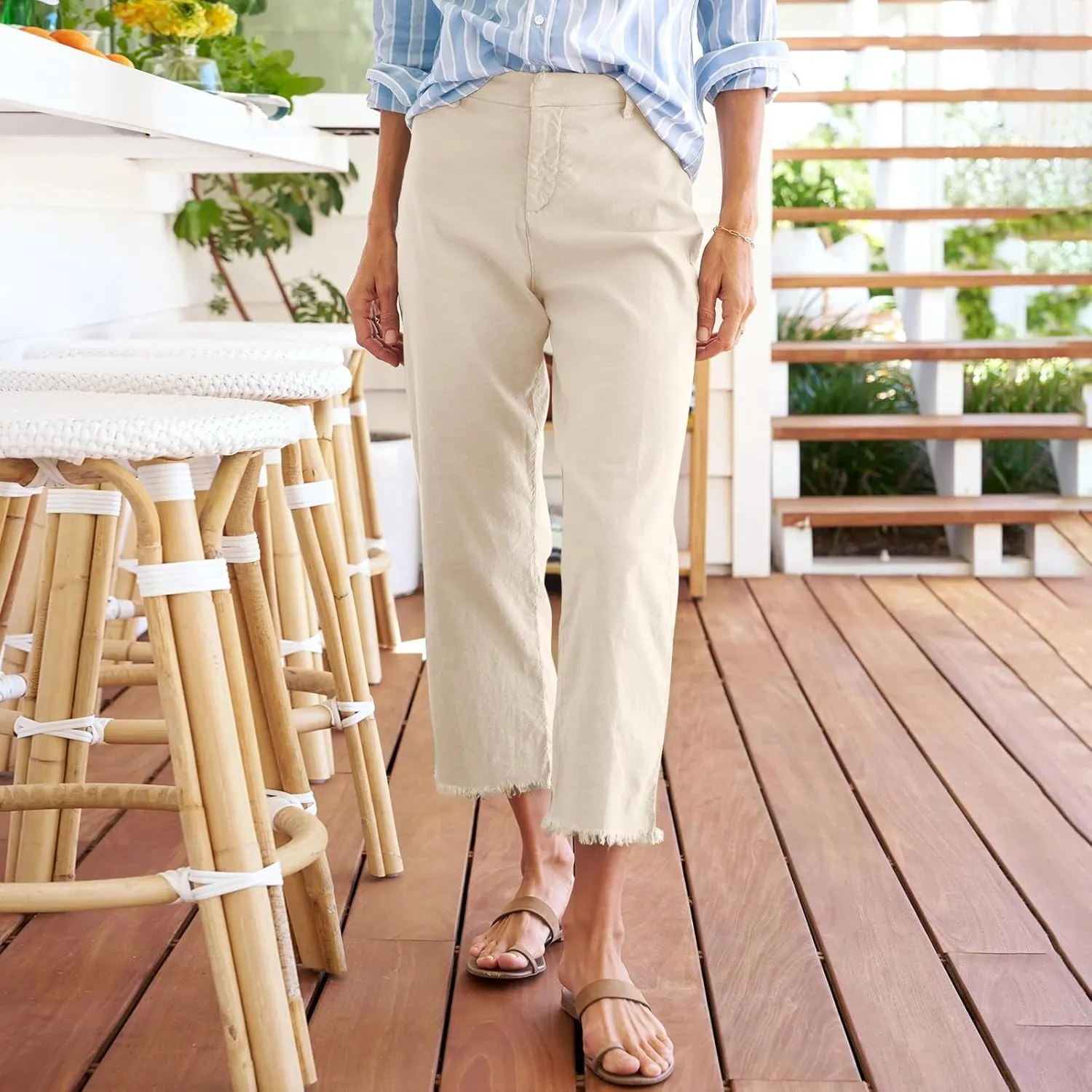Cropped Linen Pants Women High Waisted Straight Leg Capri Work Pants Business Casual Raw Hem Ankle Pants with Pockets