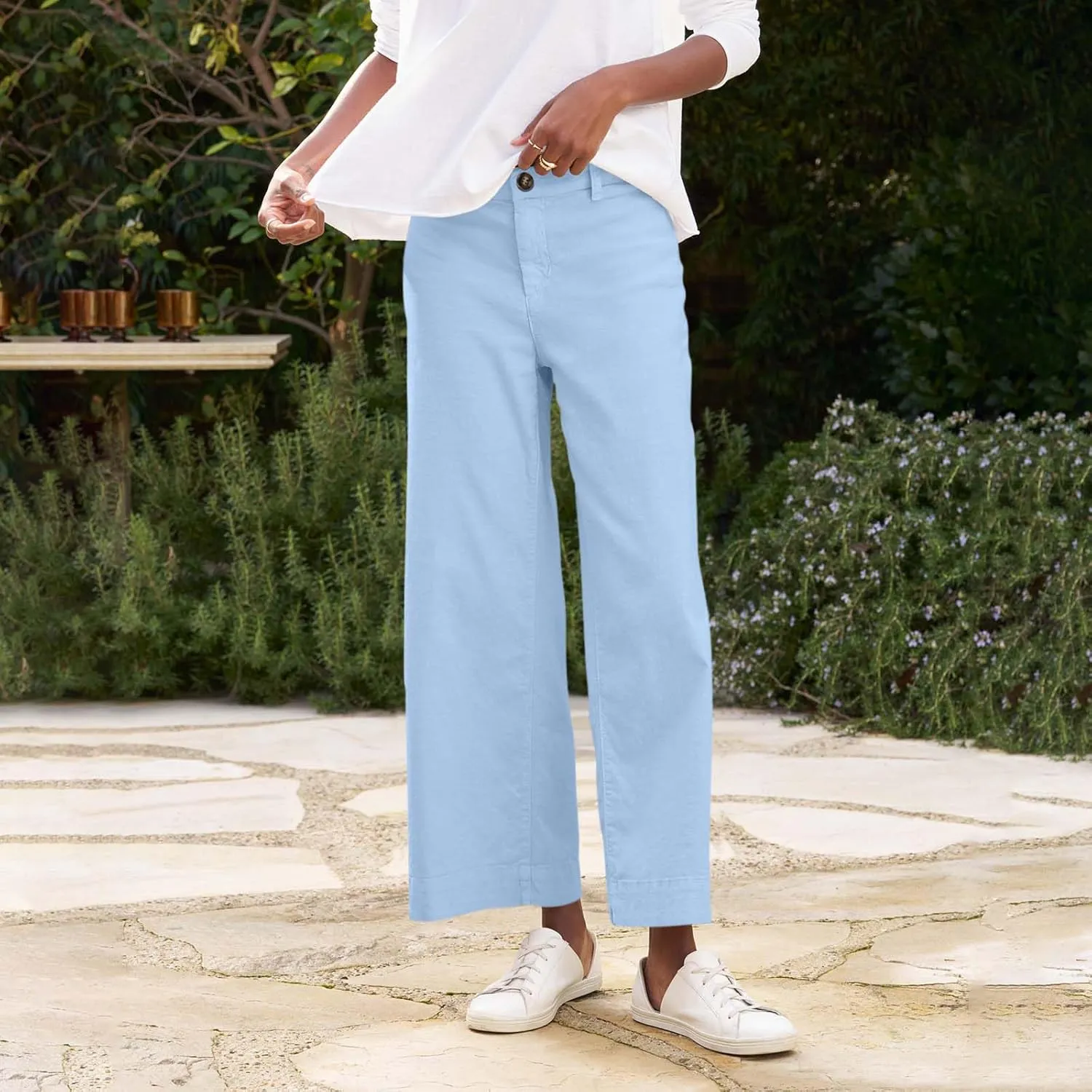 Cropped Linen Pants Women High Waisted Wide Leg Capri Work Pants Business Casual Ankle Teacher Pants with Pockets