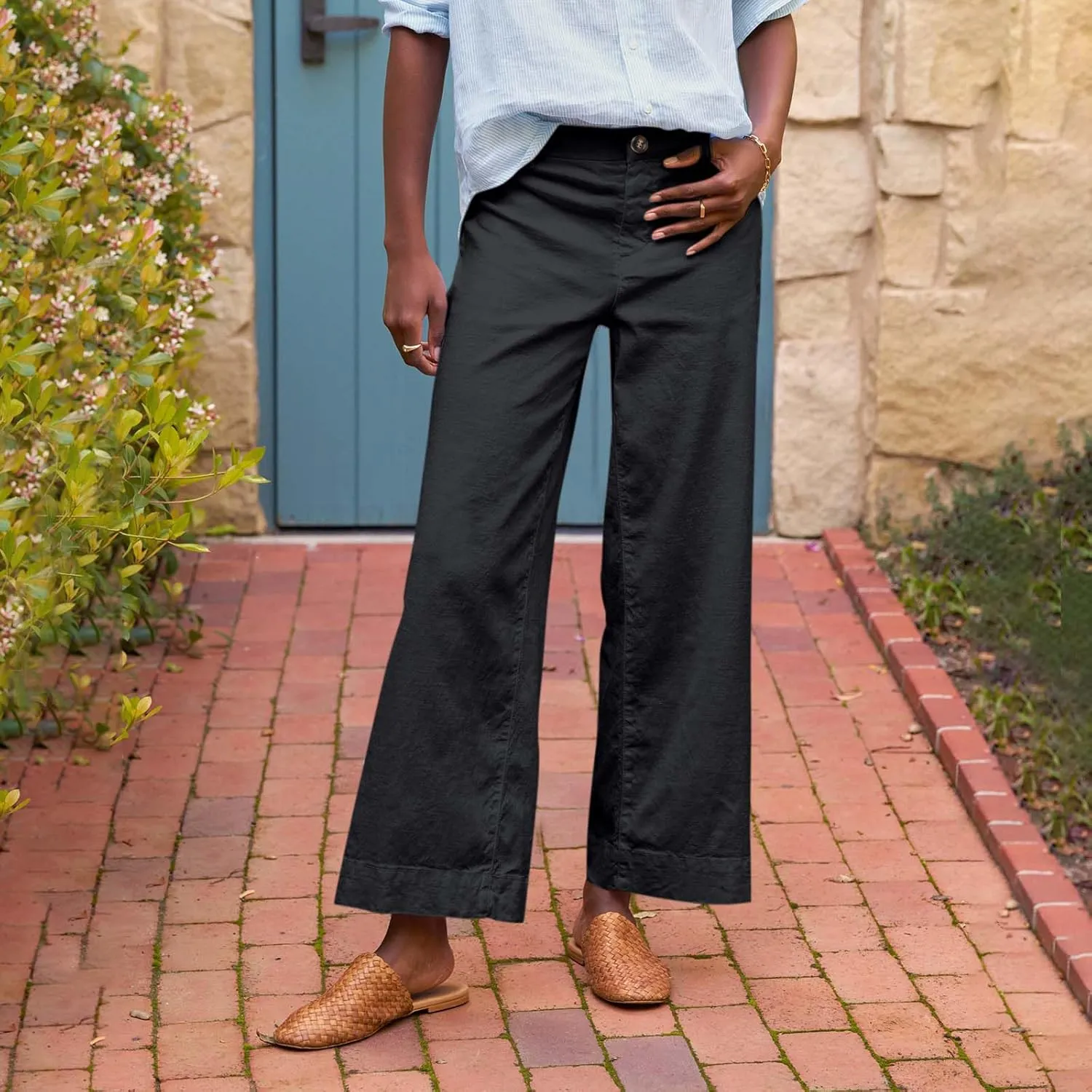 Cropped Linen Pants Women High Waisted Wide Leg Capri Work Pants Business Casual Ankle Teacher Pants with Pockets