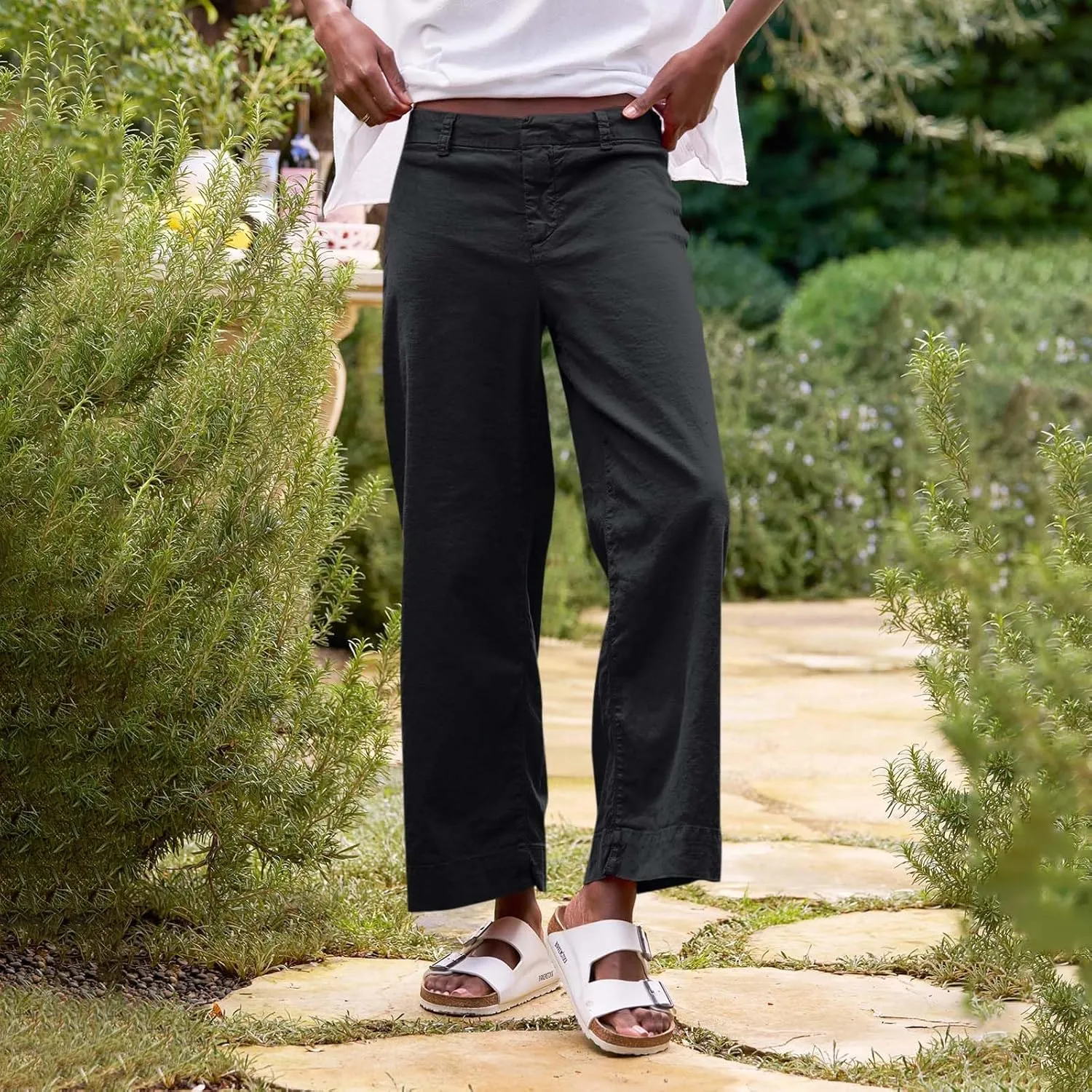 Cropped Linen Pants Women High Waisted Wide Leg Capri Work Pants Business Casual Ankle Teacher Pants with Pockets