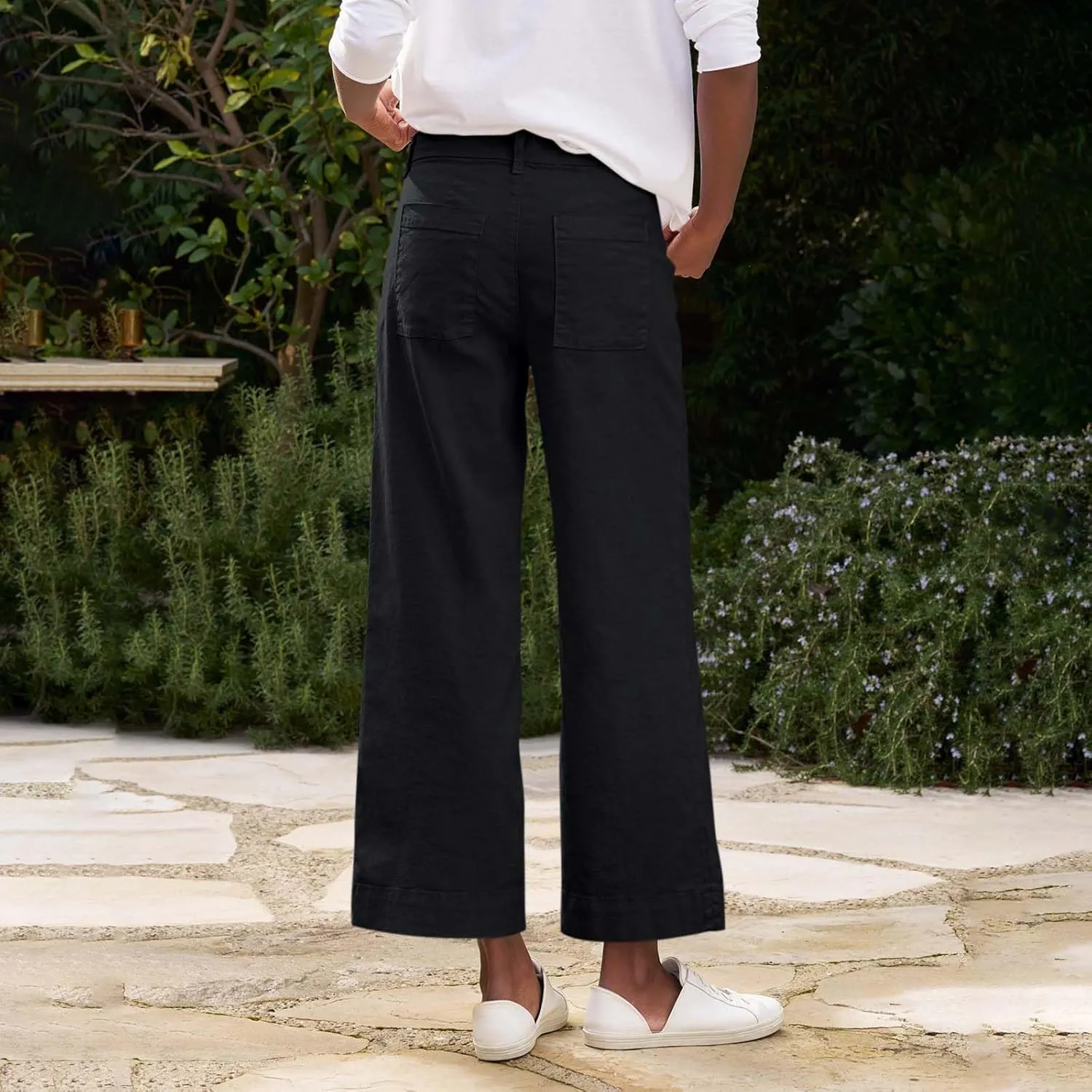 Cropped Linen Pants Women High Waisted Wide Leg Capri Work Pants Business Casual Ankle Teacher Pants with Pockets