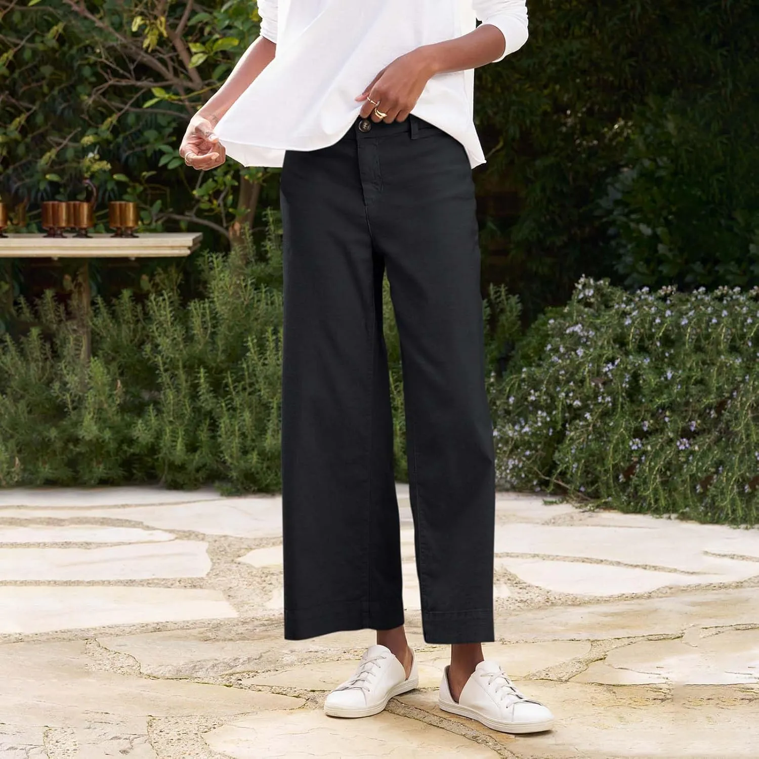 Cropped Linen Pants Women High Waisted Wide Leg Capri Work Pants Business Casual Ankle Teacher Pants with Pockets
