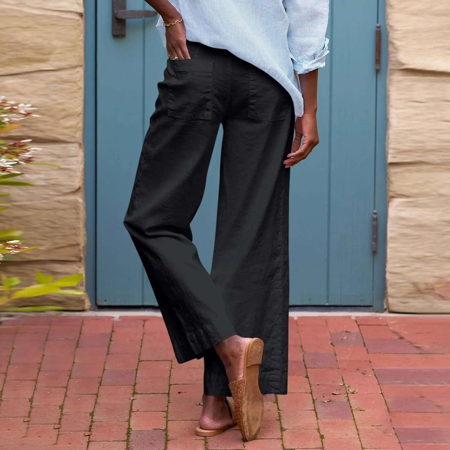 Cropped Linen Pants Women High Waisted Wide Leg Capri Work Pants Business Casual Ankle Teacher Pants with Pockets