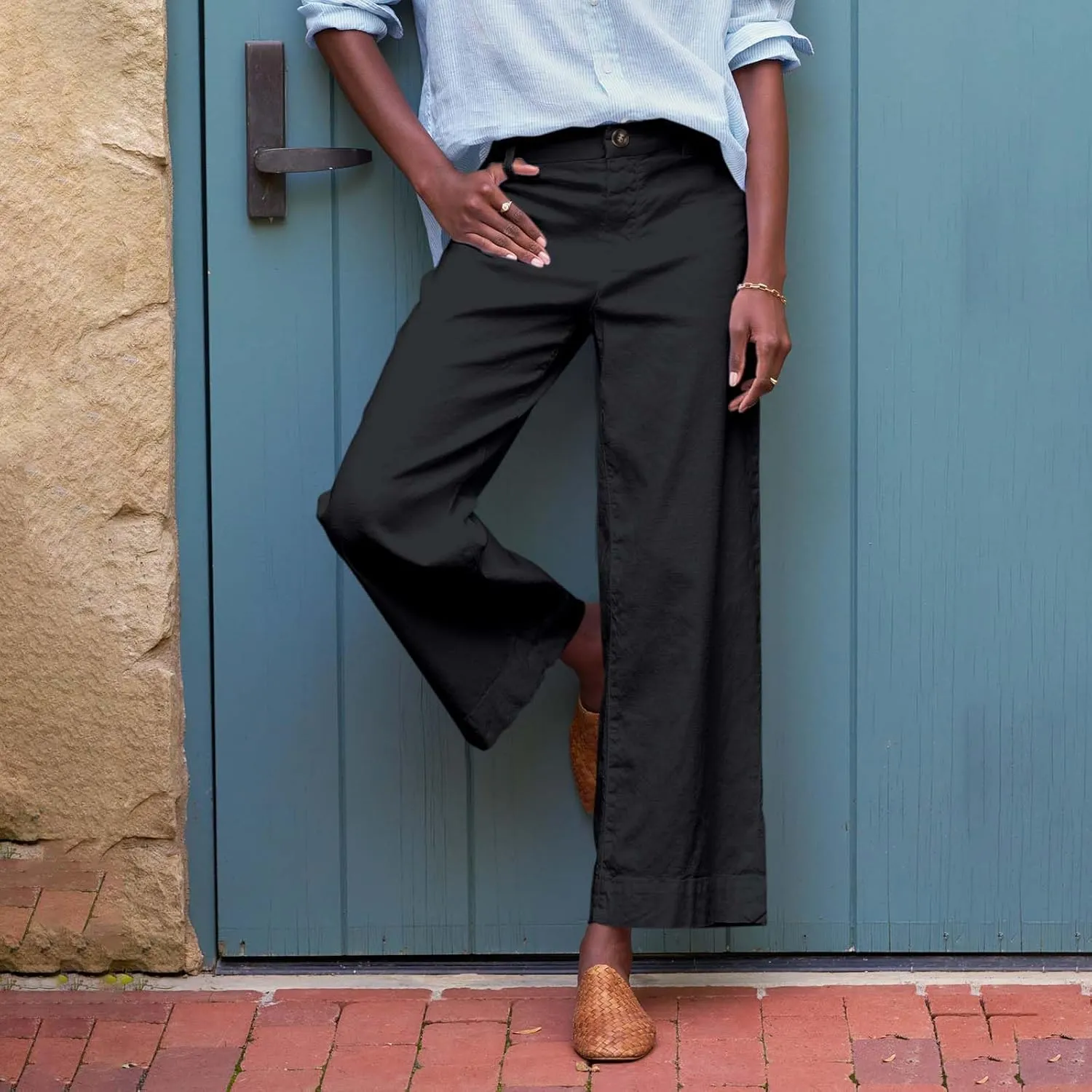Cropped Linen Pants Women High Waisted Wide Leg Capri Work Pants Business Casual Ankle Teacher Pants with Pockets