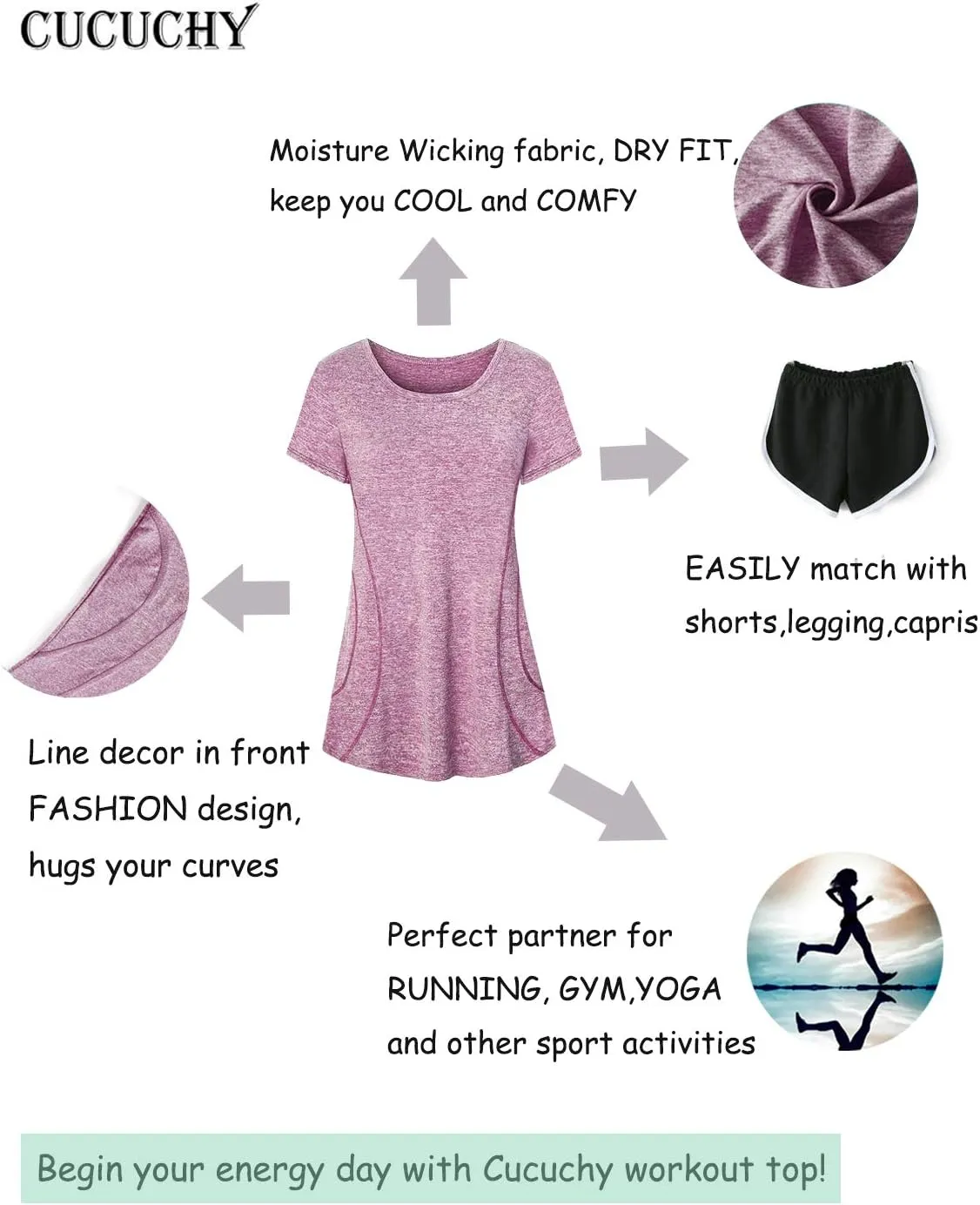 Cucuchy Womens Yoga Tops Flowy Fitness Workout Shirts Short Sleeve Activewear