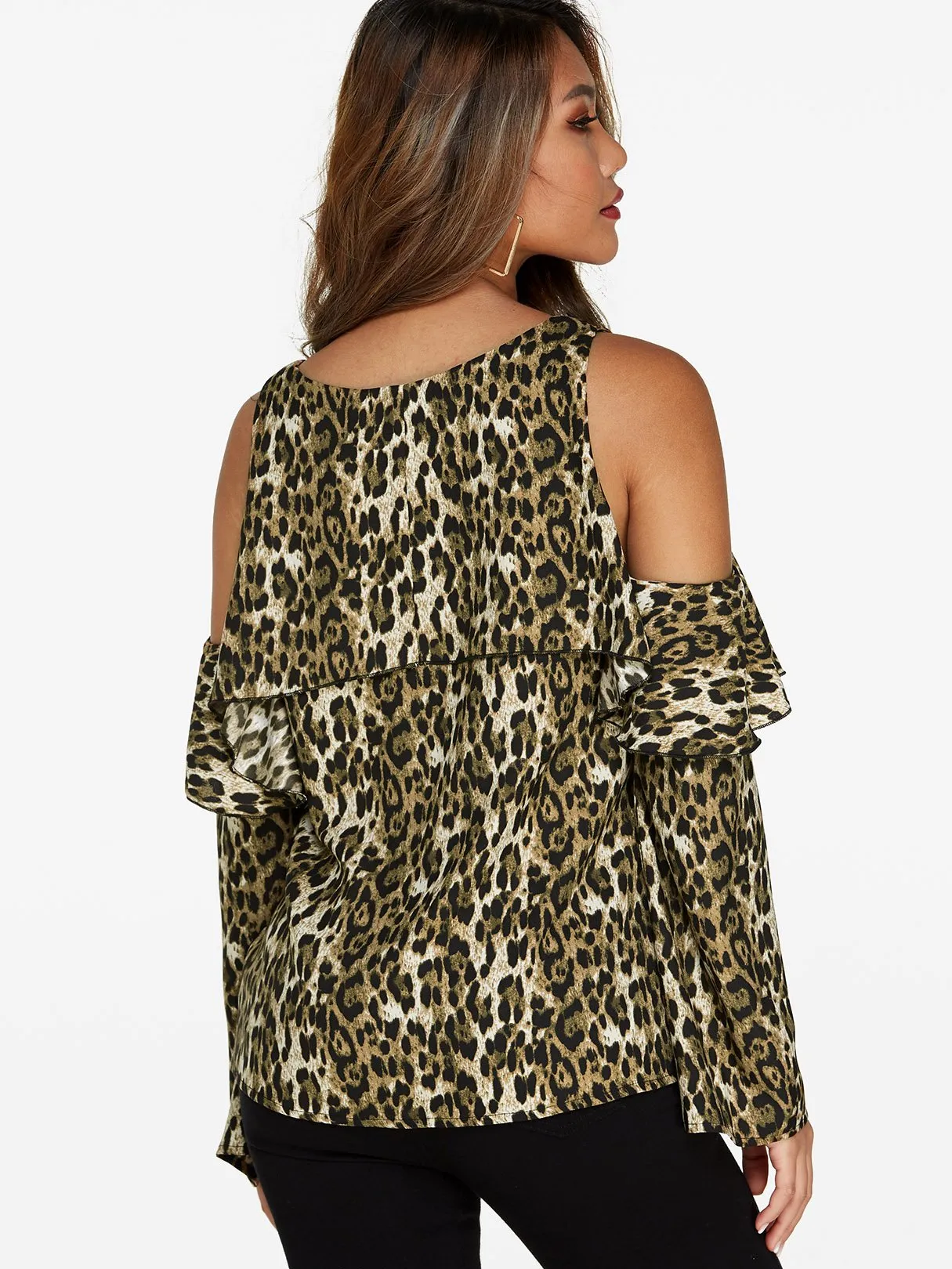 Custom V-Neck Cold Shoulder Leopard Long Sleeve Top