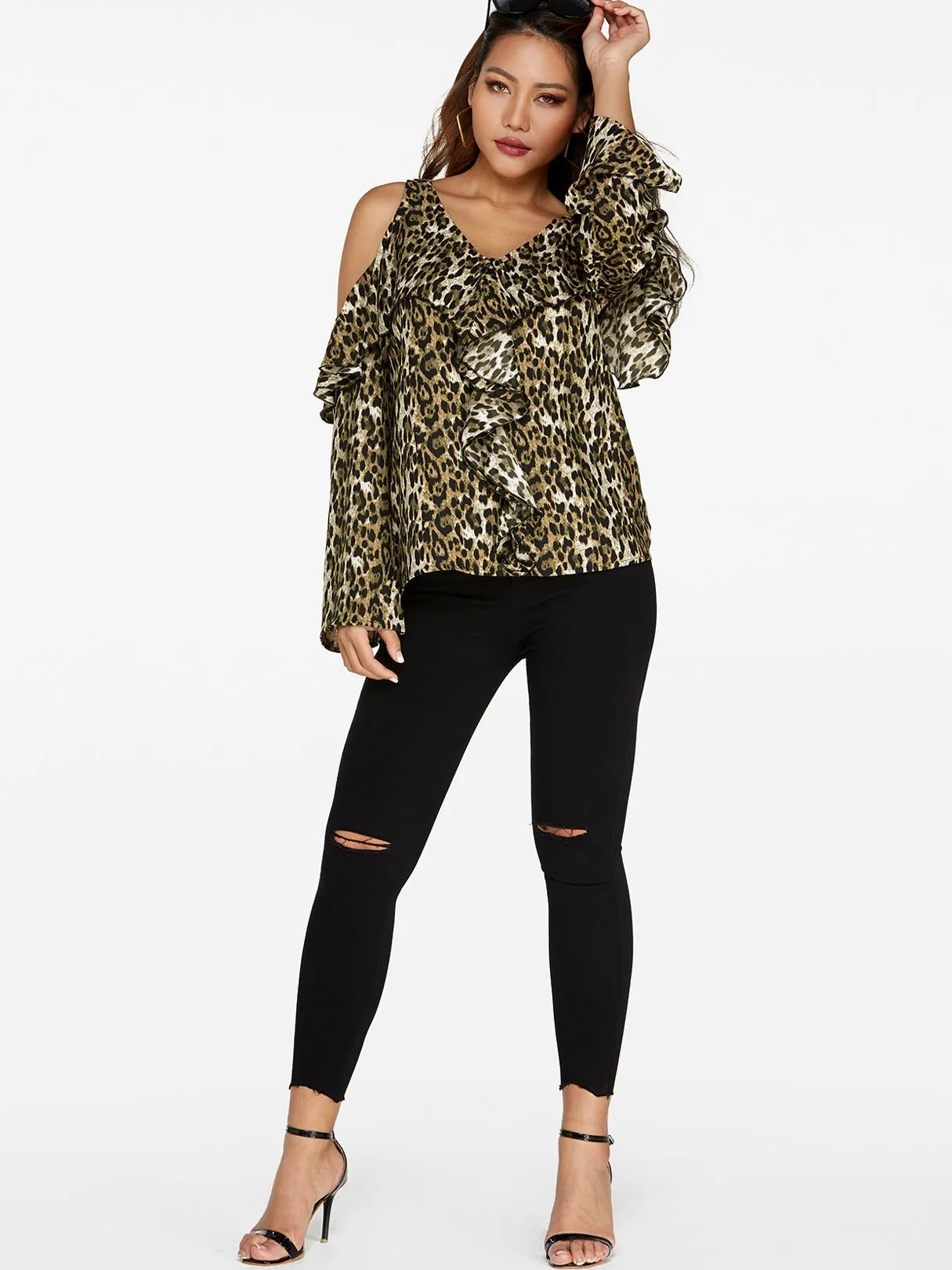 Custom V-Neck Cold Shoulder Leopard Long Sleeve Top