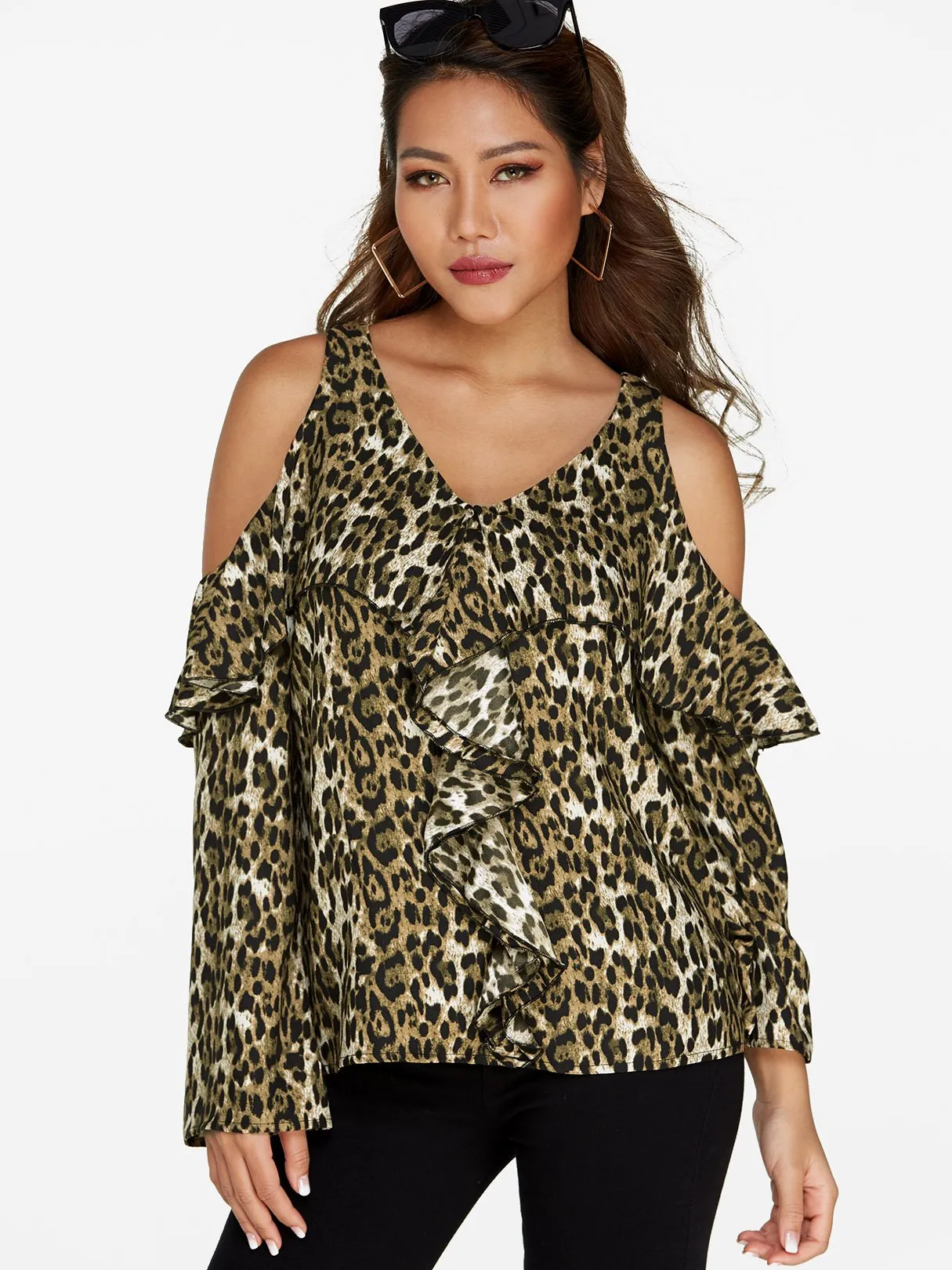 Custom V-Neck Cold Shoulder Leopard Long Sleeve Top