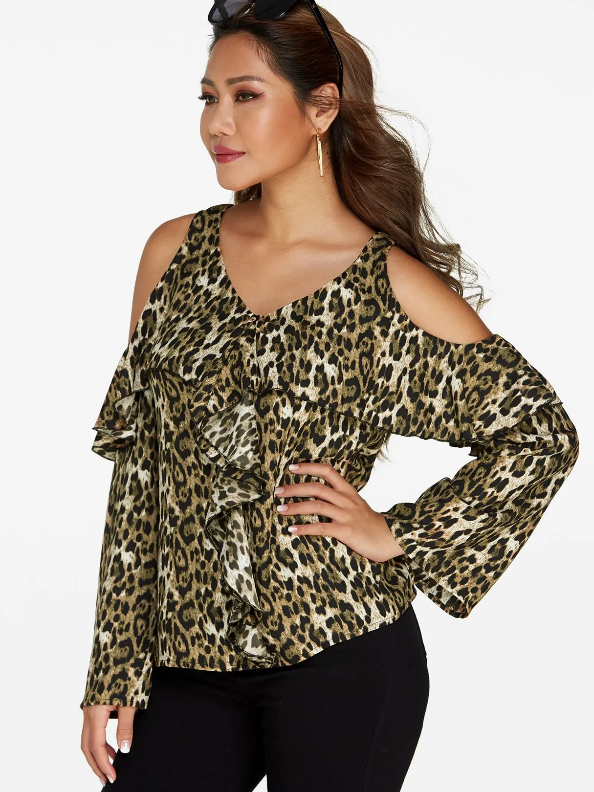 Custom V-Neck Cold Shoulder Leopard Long Sleeve Top