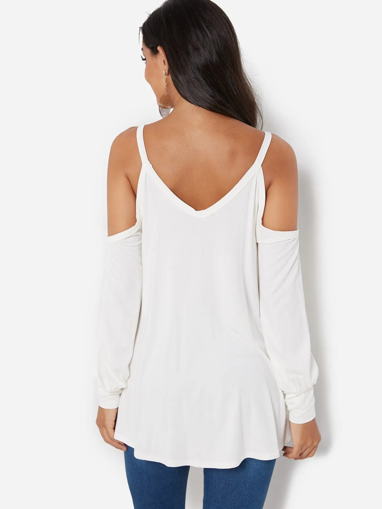 Custom V-Neck Cold Shoulder Long Sleeve Irregular Hem White T-Shirts