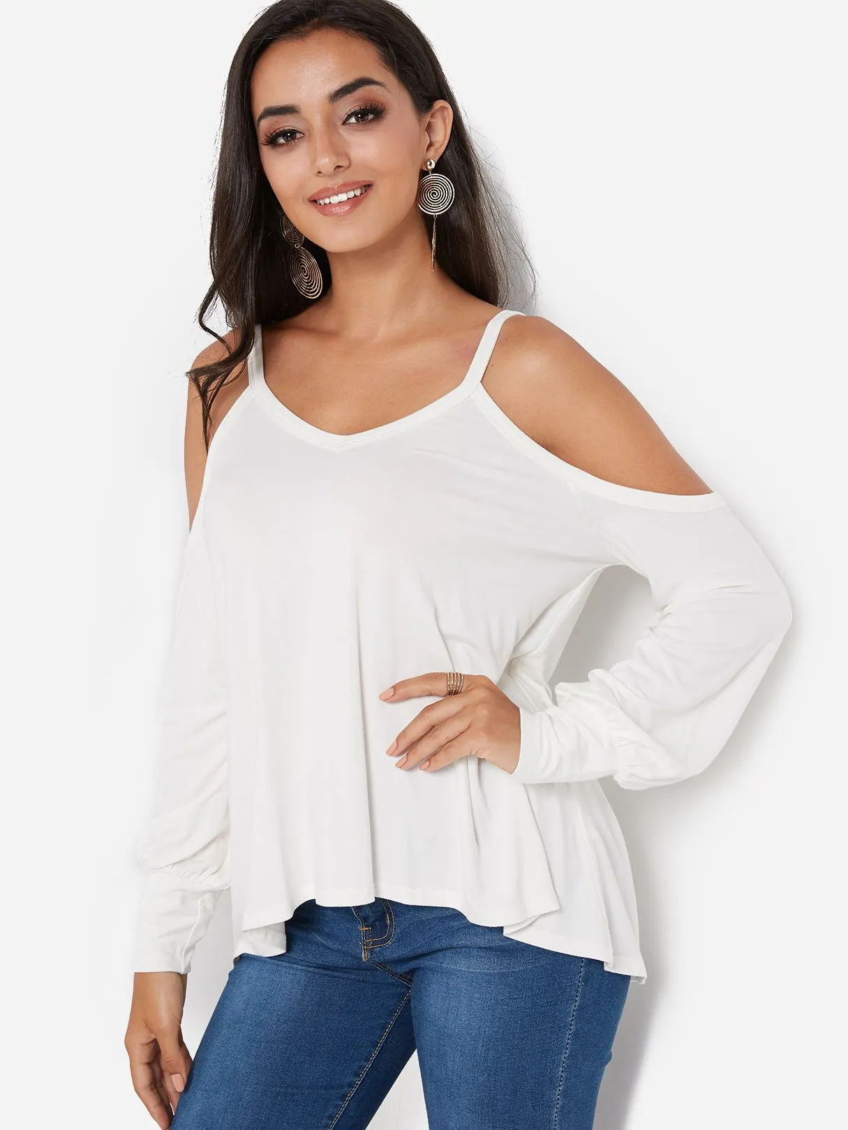 Custom V-Neck Cold Shoulder Long Sleeve Irregular Hem White T-Shirts