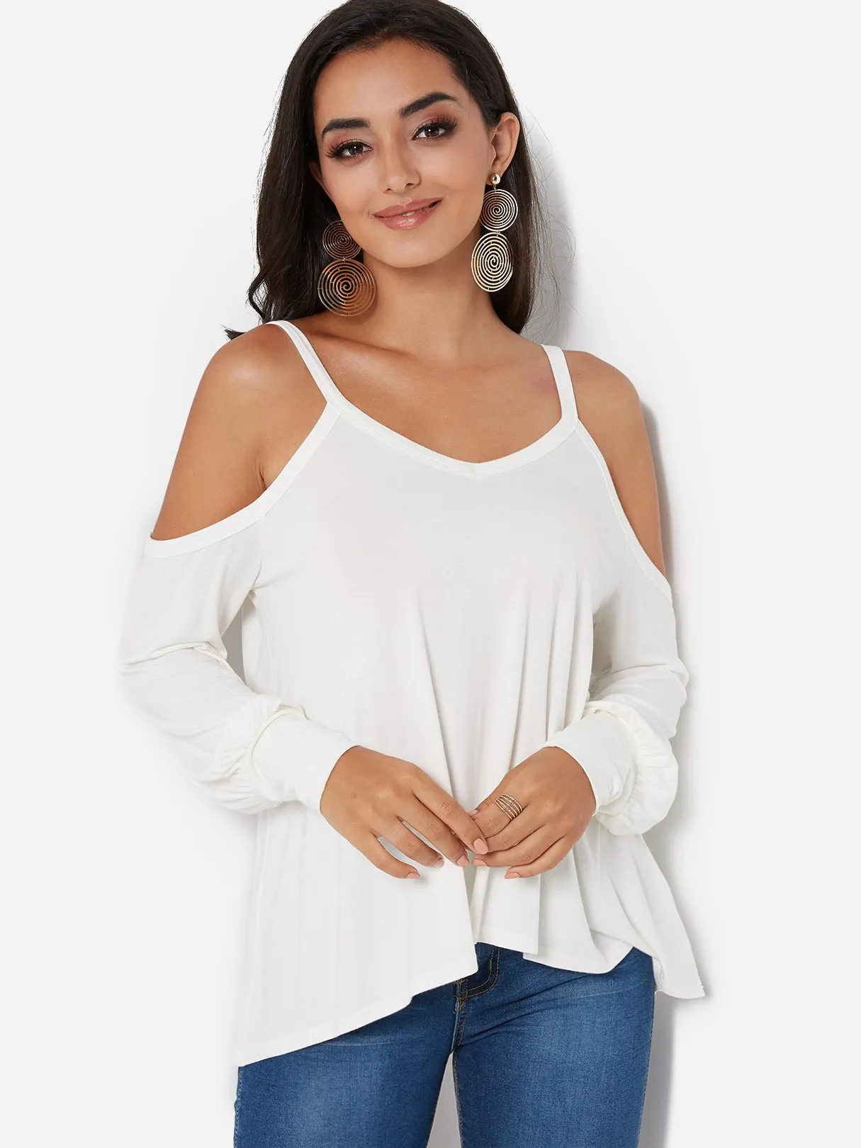 Custom V-Neck Cold Shoulder Long Sleeve Irregular Hem White T-Shirts
