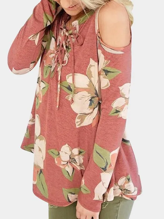 Custom V-Neck Floral Print Lace-Up Long Sleeve Red T-Shirts