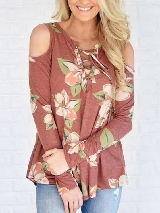 Custom V-Neck Floral Print Lace-Up Long Sleeve Red T-Shirts