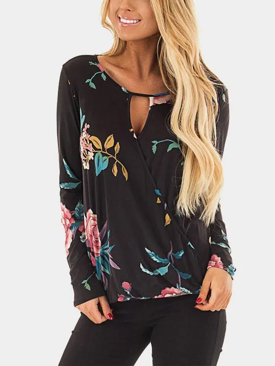 Custom V-Neck Floral Print Long Sleeve Black T-Shirts