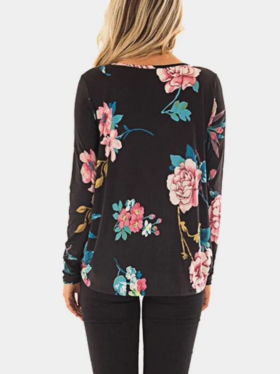 Custom V-Neck Floral Print Long Sleeve Black T-Shirts
