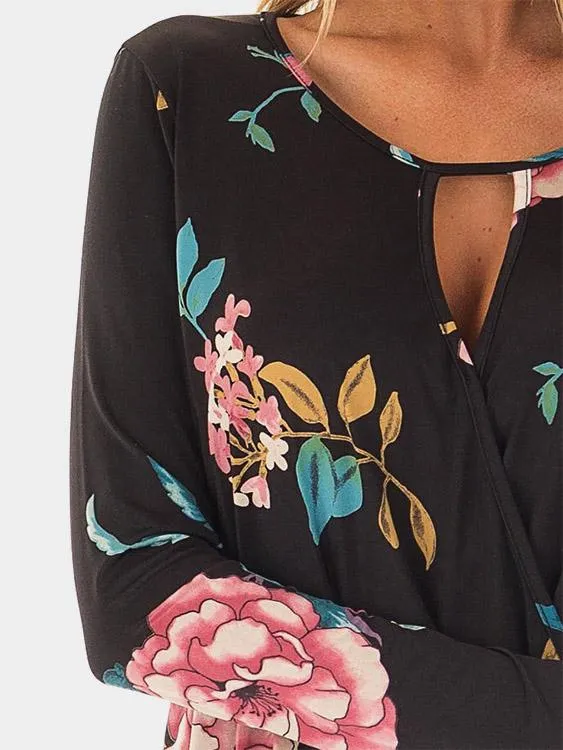 Custom V-Neck Floral Print Long Sleeve Black T-Shirts