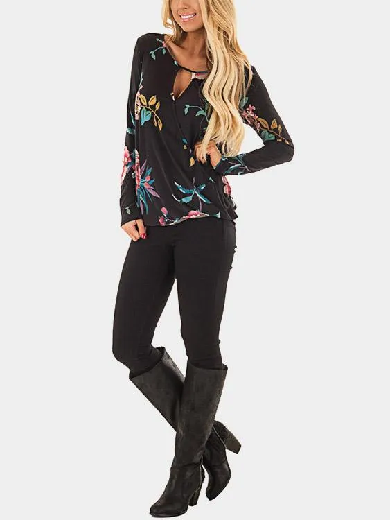 Custom V-Neck Floral Print Long Sleeve Black T-Shirts