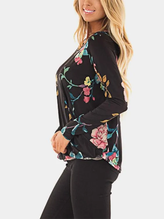 Custom V-Neck Floral Print Long Sleeve Black T-Shirts