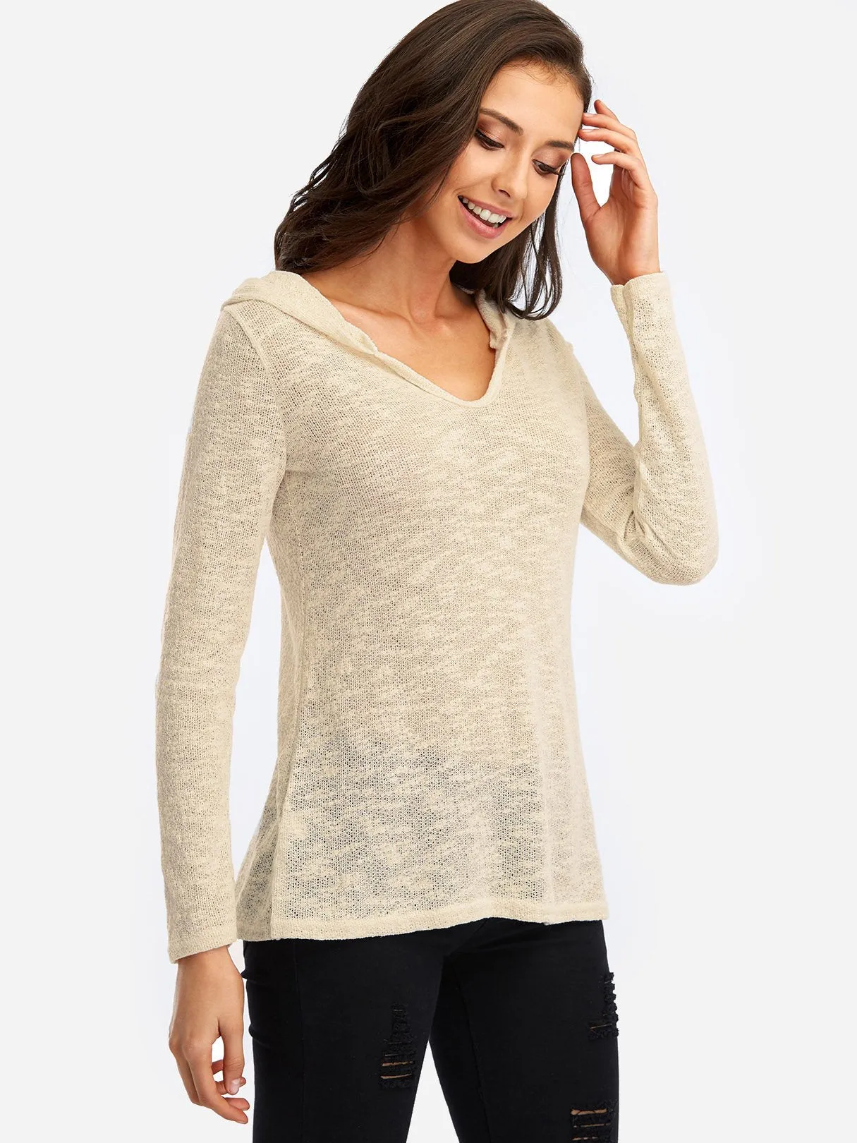 Custom V-Neck Hooded Long Sleeve White T-Shirts