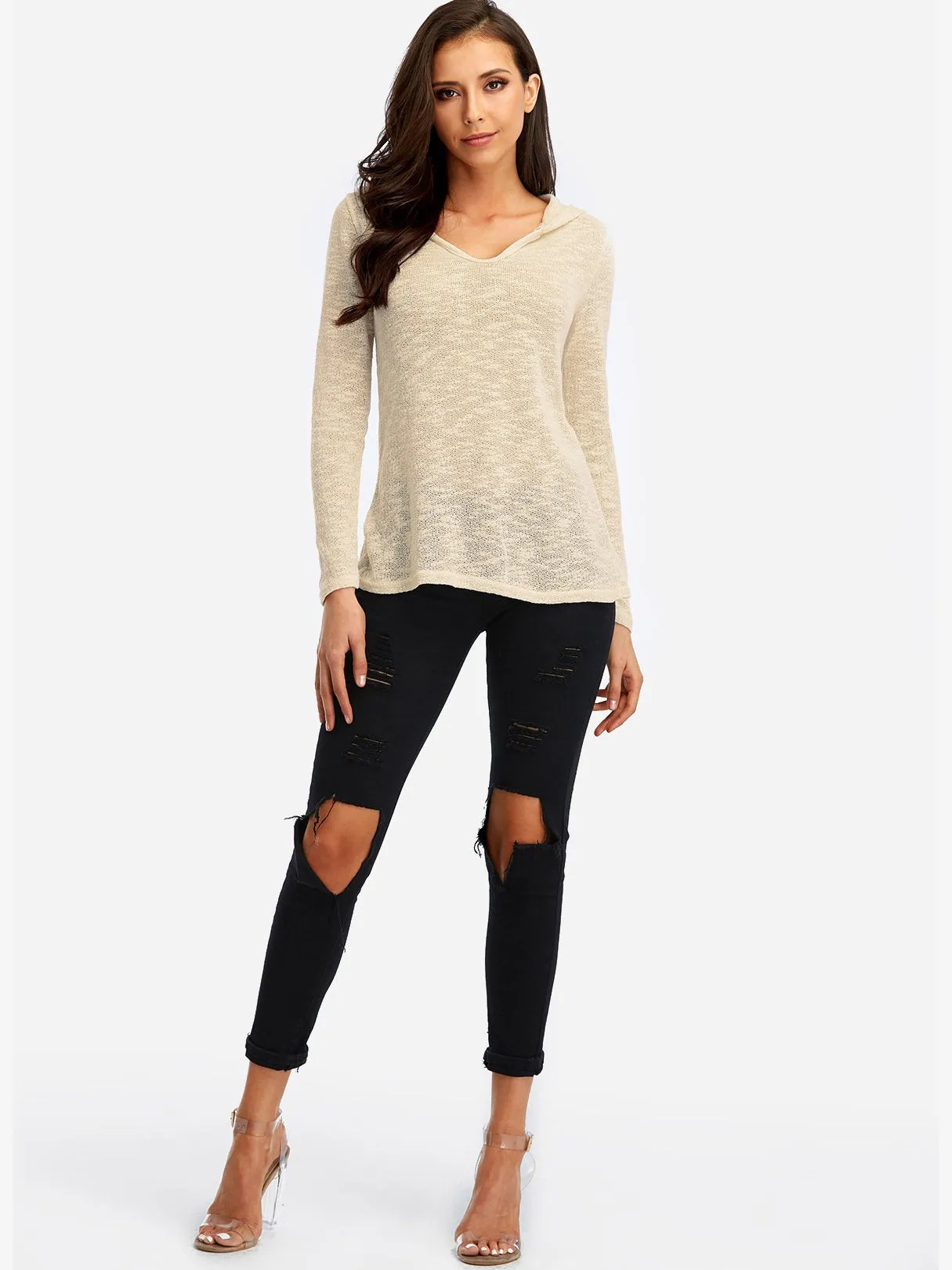 Custom V-Neck Hooded Long Sleeve White T-Shirts