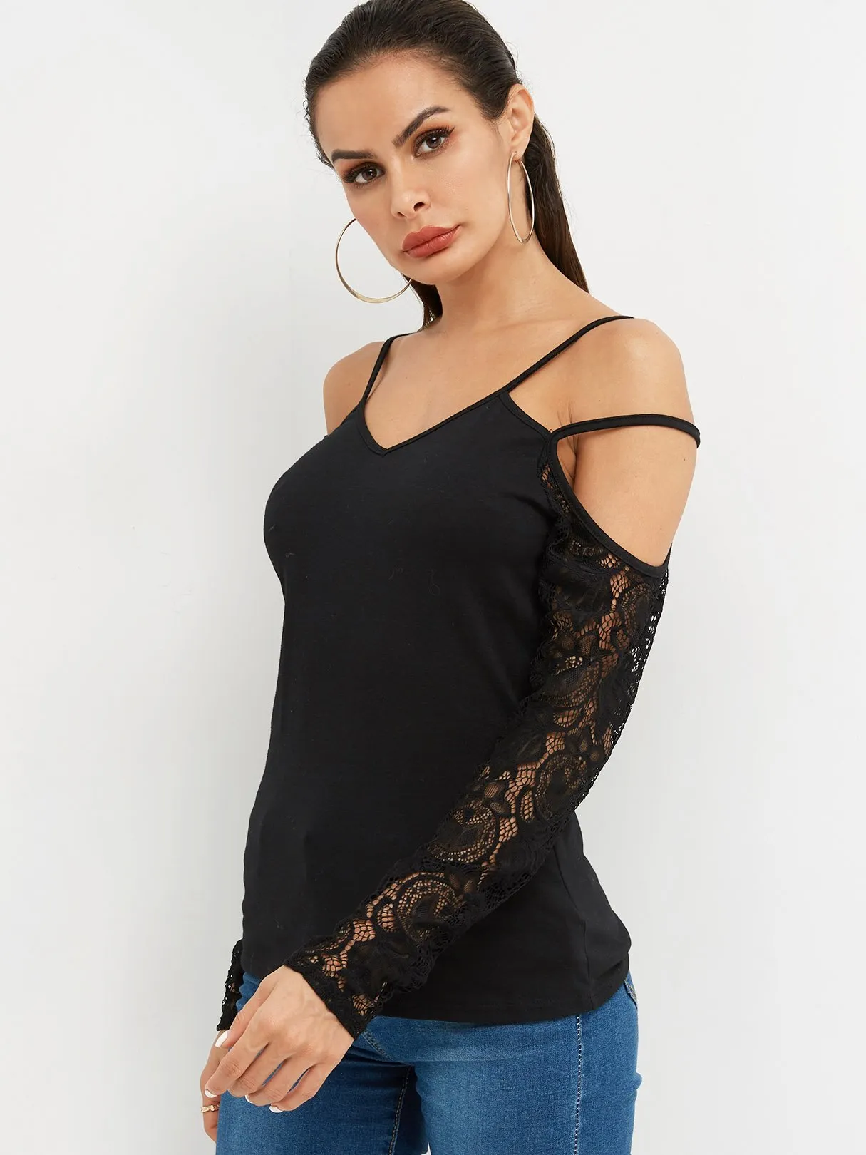Custom V-Neck Lace Cut Out Long Sleeve Black Top