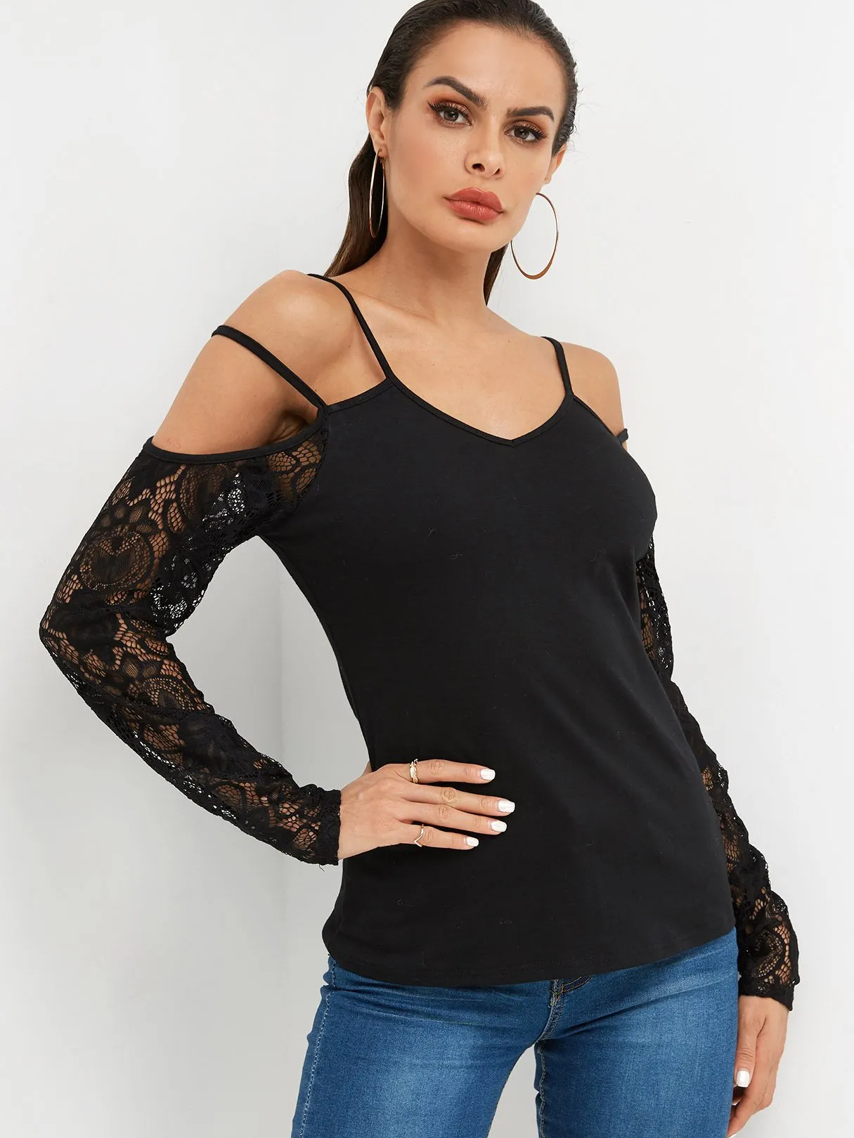 Custom V-Neck Lace Cut Out Long Sleeve Black Top