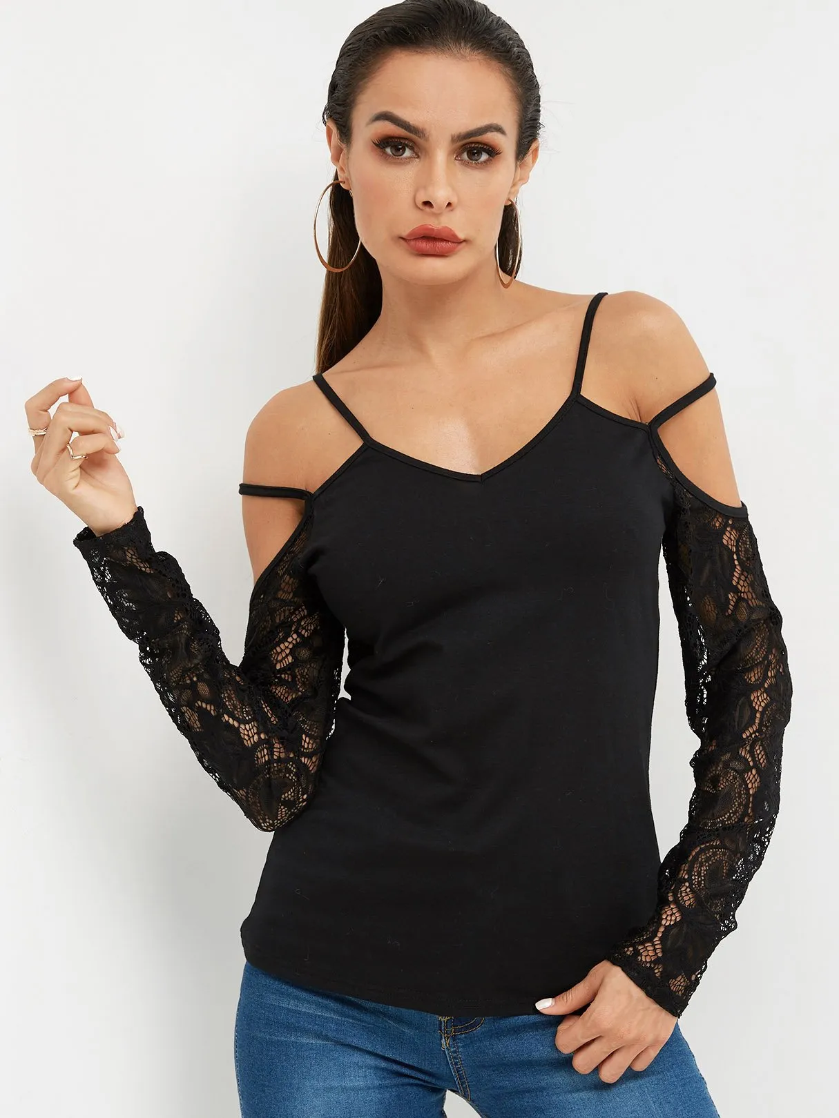 Custom V-Neck Lace Cut Out Long Sleeve Black Top