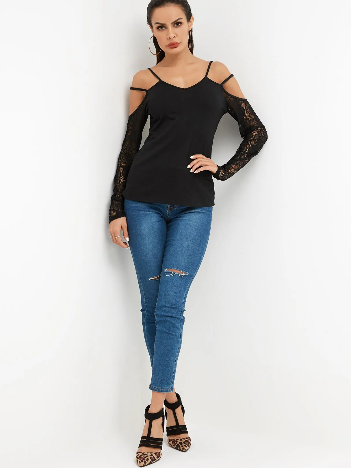 Custom V-Neck Lace Cut Out Long Sleeve Black Top
