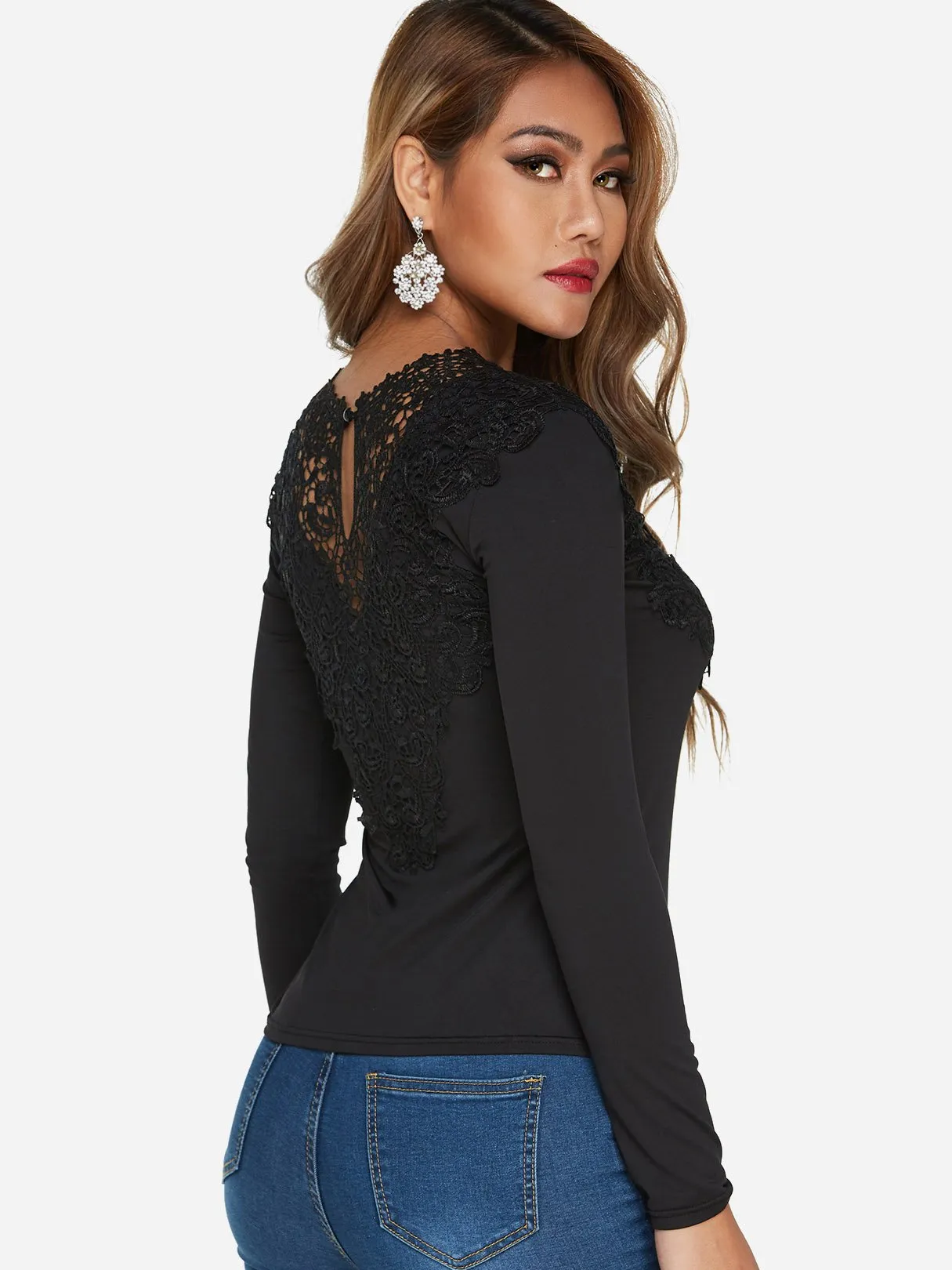 Custom V-Neck Lace-Up Long Sleeve Black Top