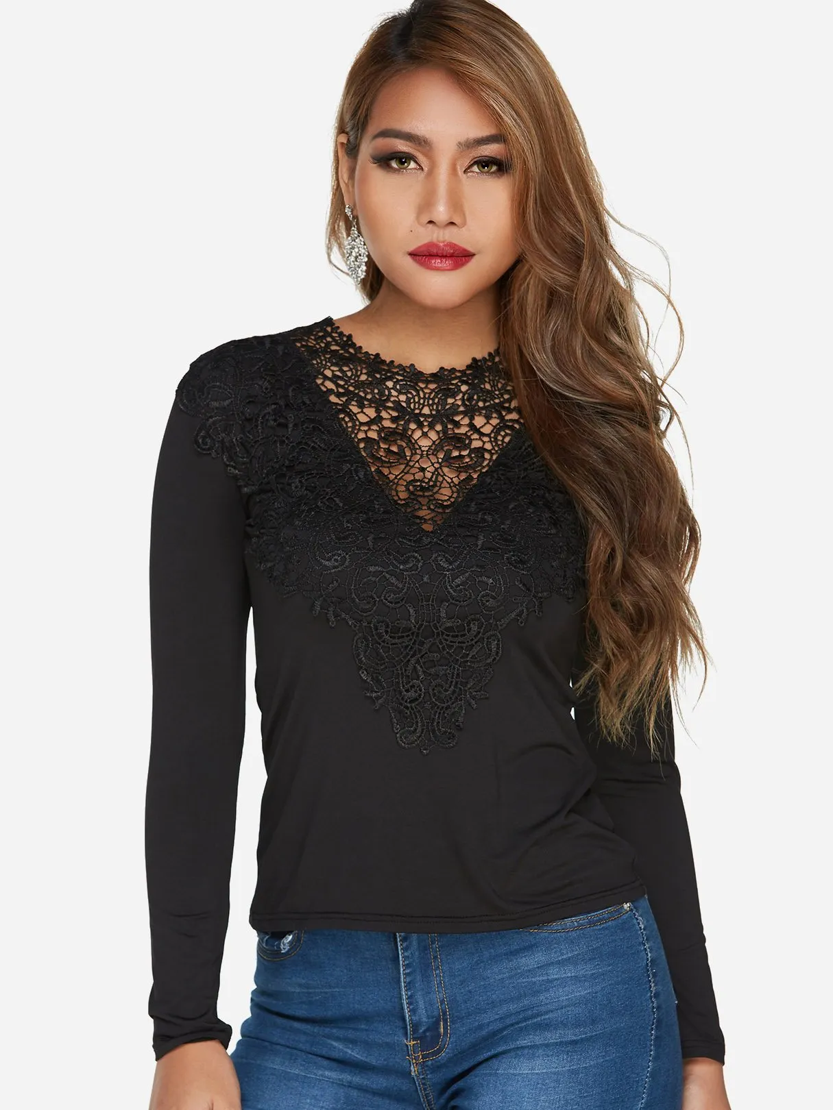 Custom V-Neck Lace-Up Long Sleeve Black Top