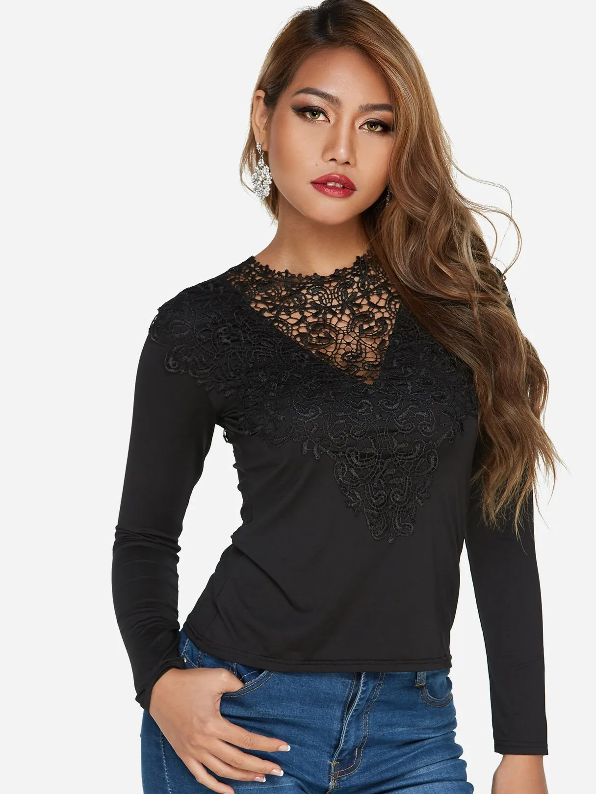 Custom V-Neck Lace-Up Long Sleeve Black Top