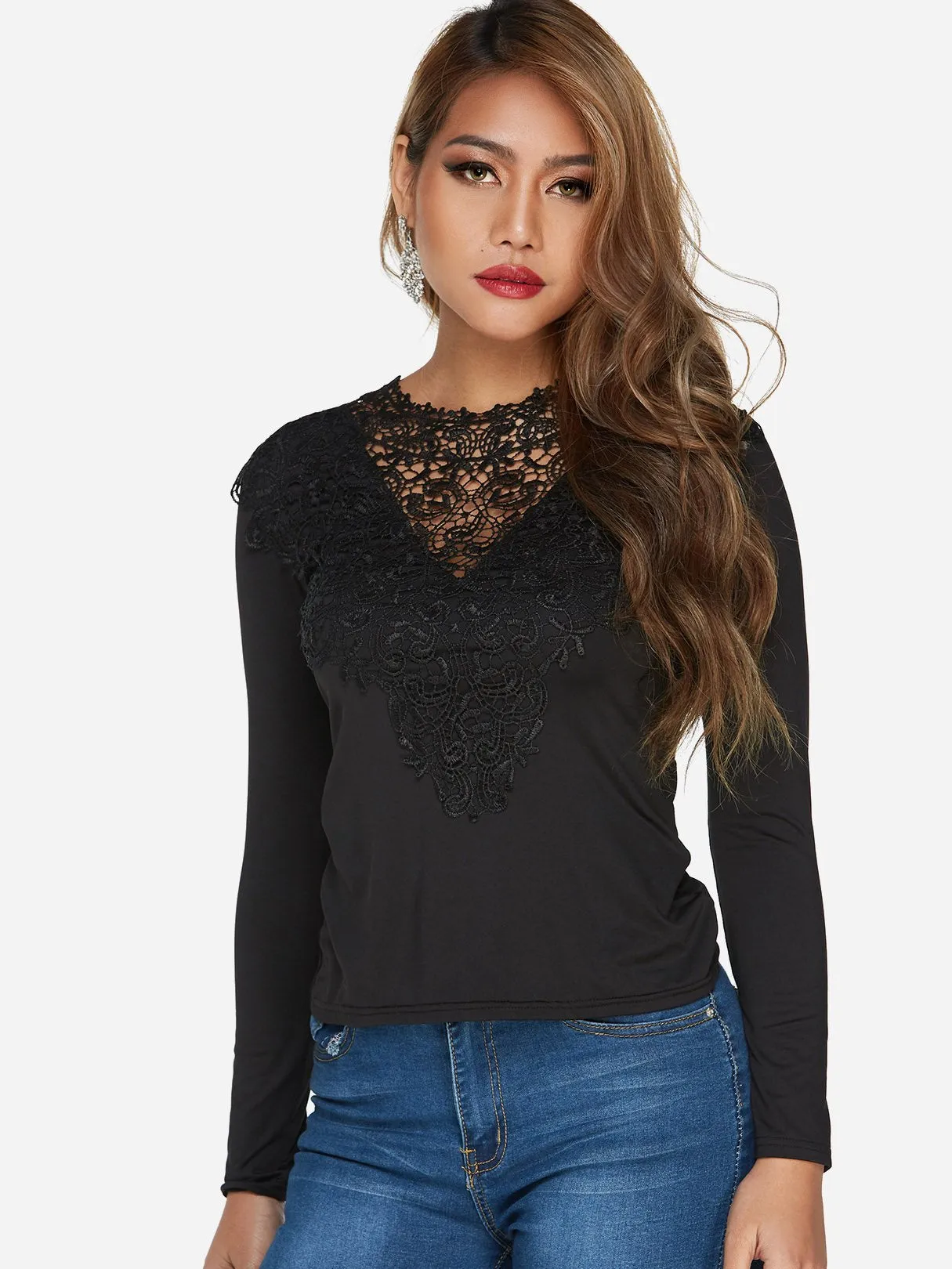 Custom V-Neck Lace-Up Long Sleeve Black Top