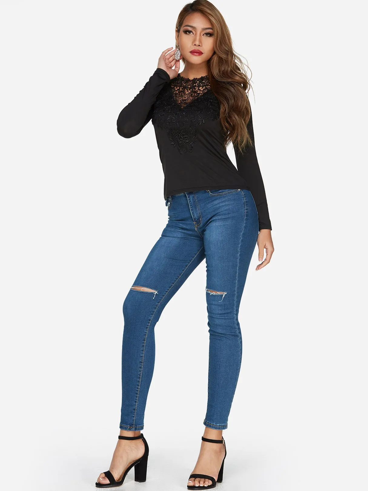 Custom V-Neck Lace-Up Long Sleeve Black Top