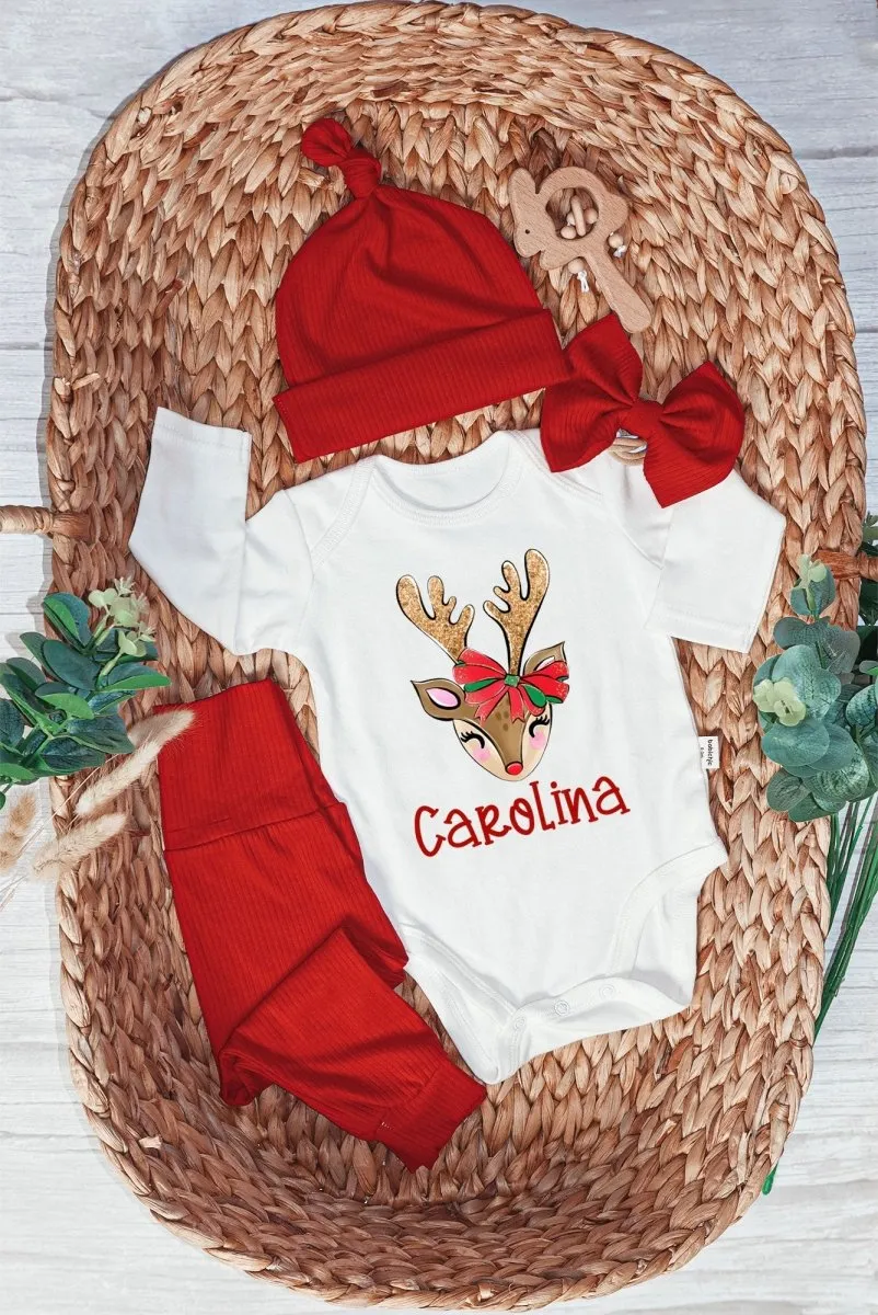 Customized Reindeer Christmas Baby Girl Onesie and Long Pants Set | Personalized First Christmas Baby Bodysuit