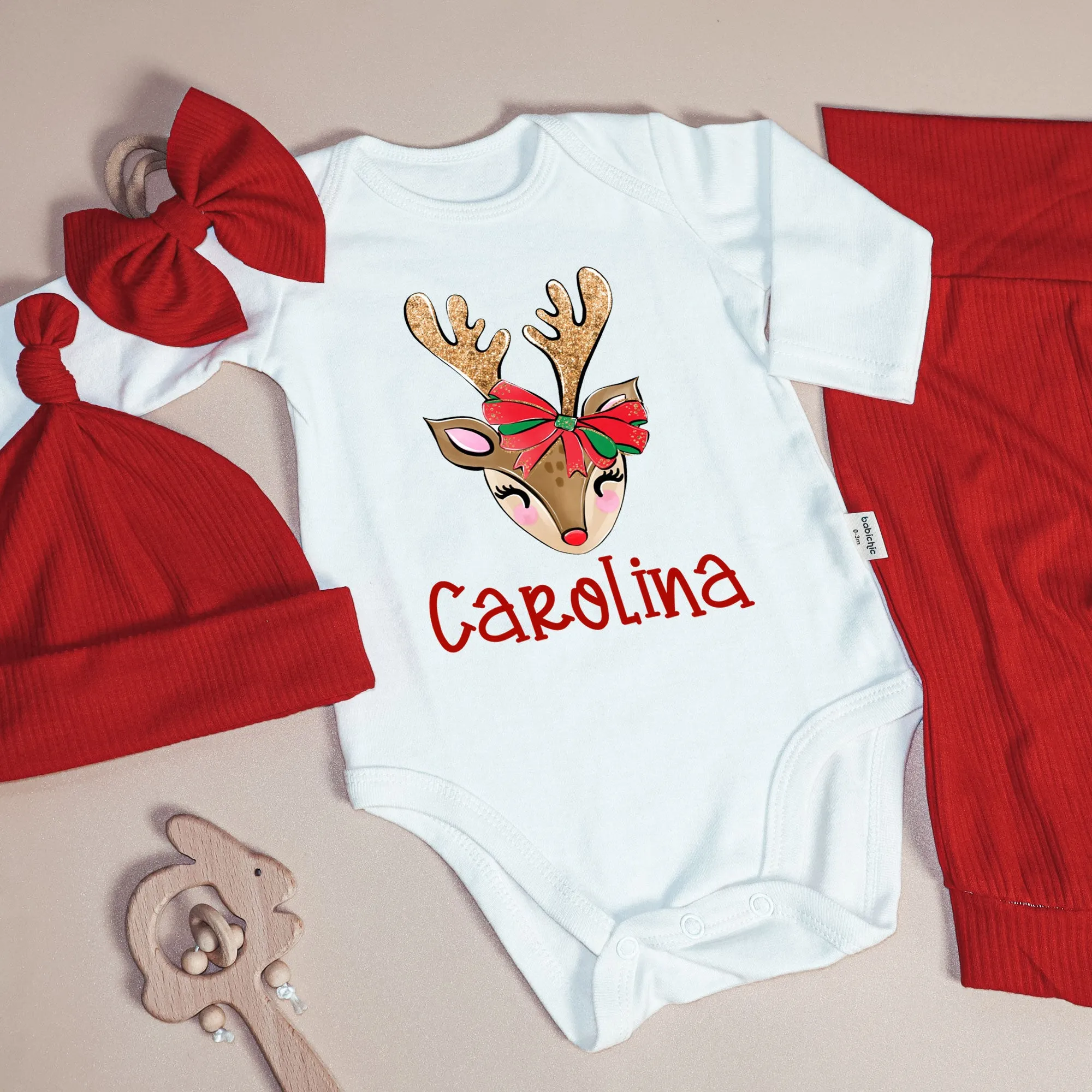 Customized Reindeer Christmas Baby Girl Onesie and Long Pants Set | Personalized First Christmas Baby Bodysuit