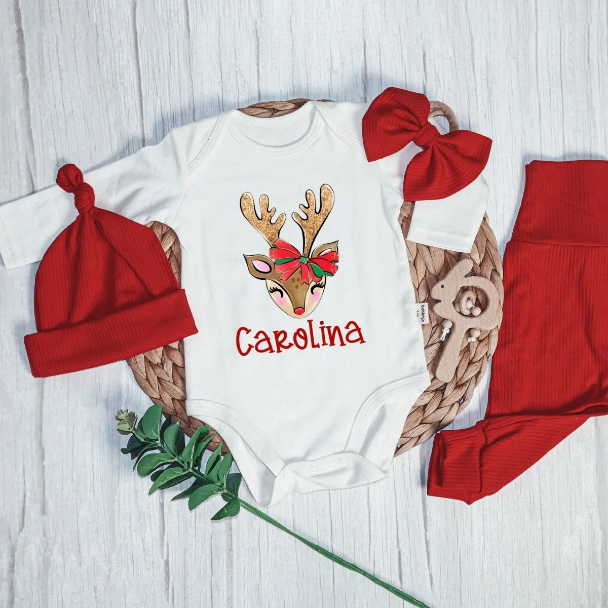 Customized Reindeer Christmas Baby Girl Onesie and Long Pants Set | Personalized First Christmas Baby Bodysuit