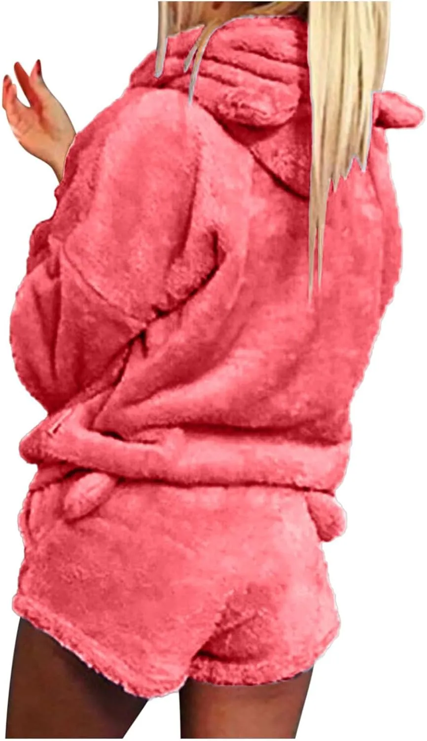 Cute Plush Pajama Sets for Women Fuzzy Fleece Sherpa Hoodies and Shorts Two Piece Shorts Outfits Sleepwear