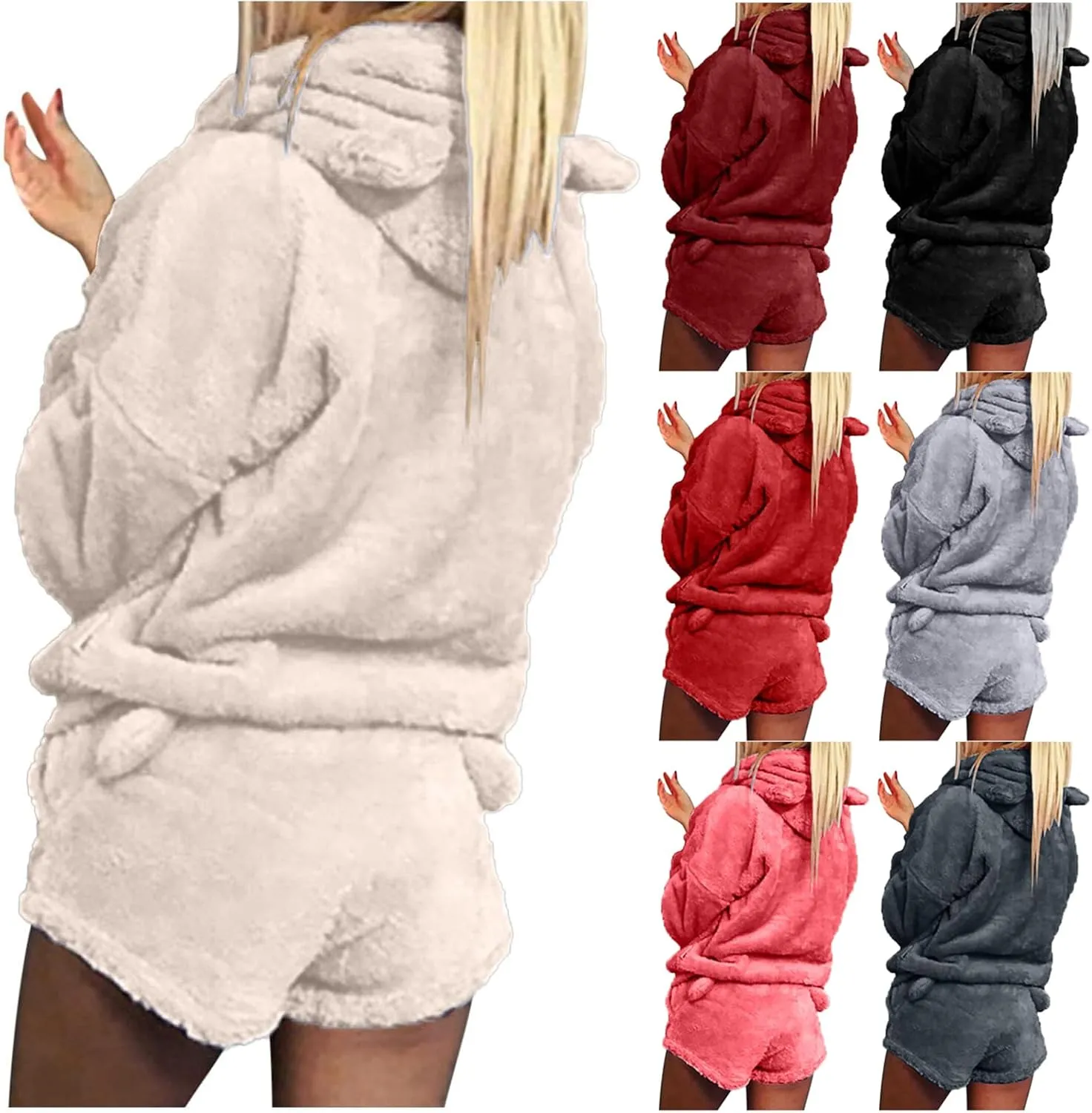 Cute Plush Pajama Sets for Women Fuzzy Fleece Sherpa Hoodies and Shorts Two Piece Shorts Outfits Sleepwear