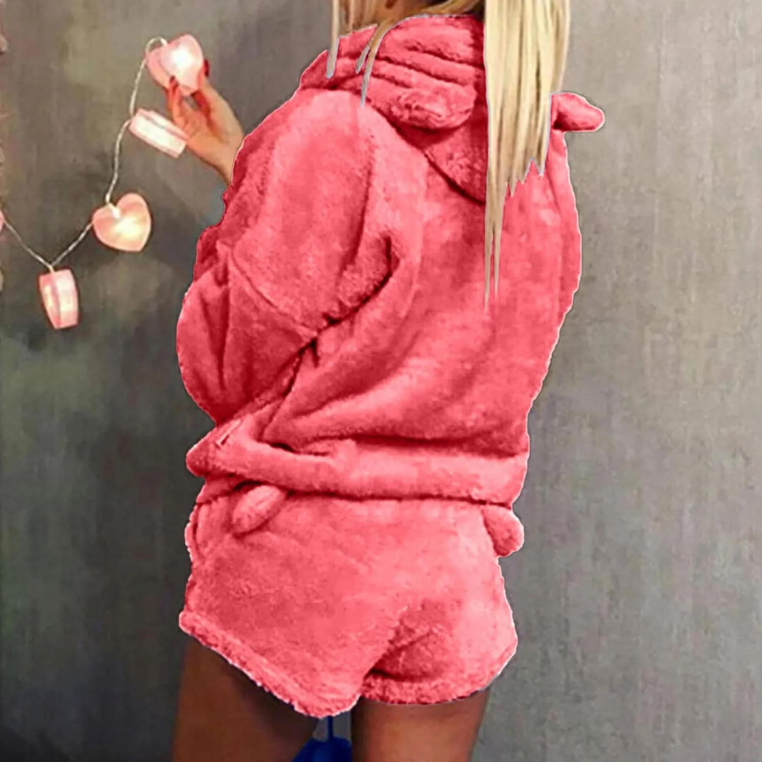 Cute Plush Pajama Sets for Women Fuzzy Fleece Sherpa Hoodies and Shorts Two Piece Shorts Outfits Sleepwear