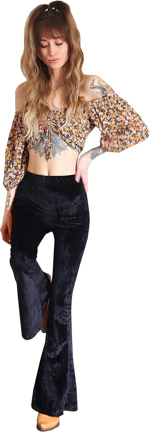 Daisy Del Sol Crushed Velvet High Waisted Comfy Soft Stretch 70s Yoga Loungewear Bell Bottom Flare Pants