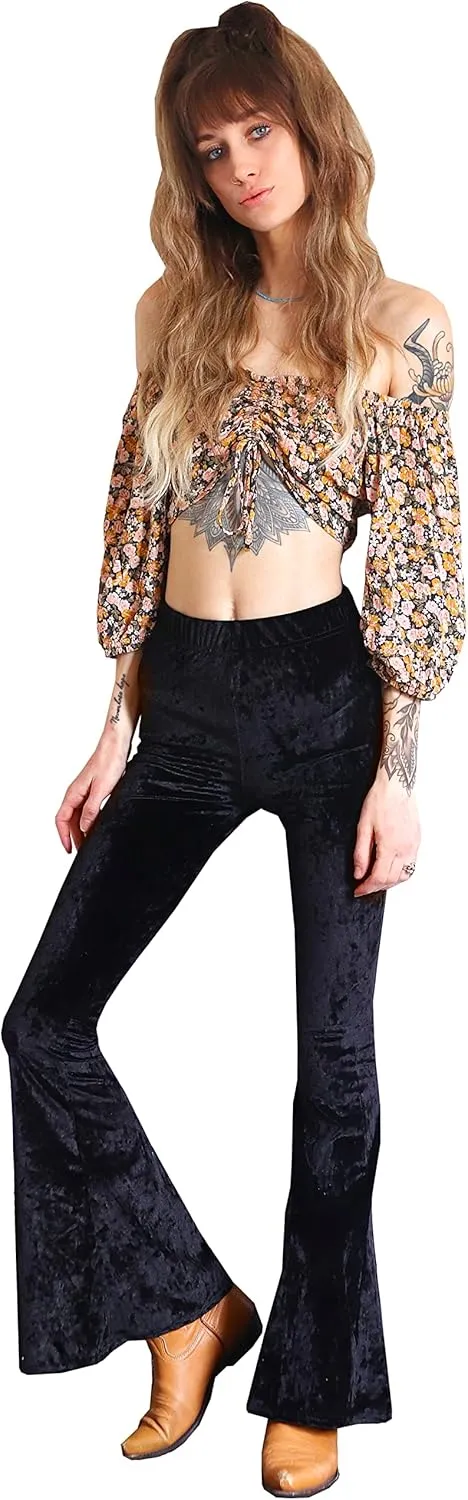 Daisy Del Sol Crushed Velvet High Waisted Comfy Soft Stretch 70s Yoga Loungewear Bell Bottom Flare Pants