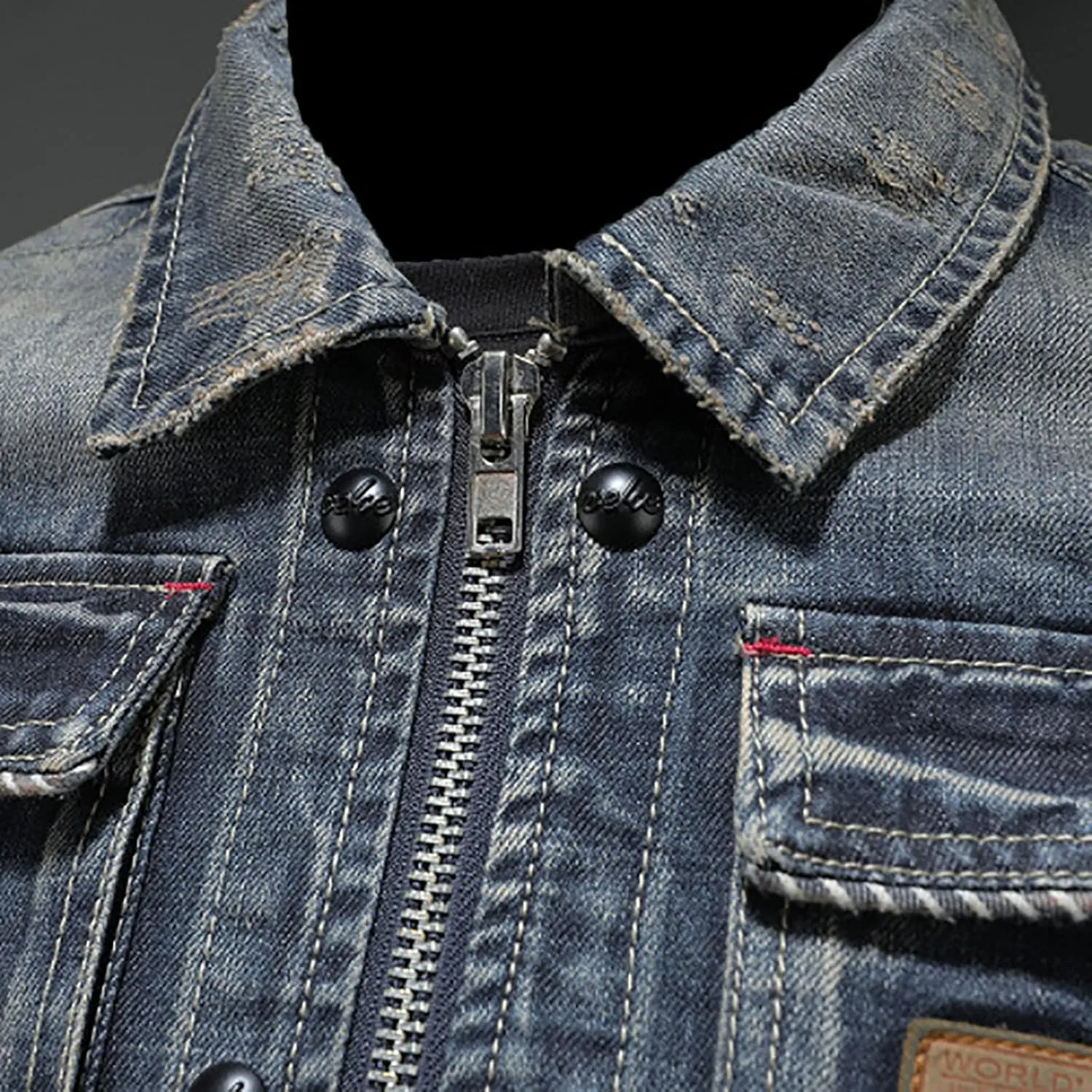 Denim Jacket Men Zip Up Distressed Jean Jacket Lapel Collar Motorcycle Trucker Coat with Pockets