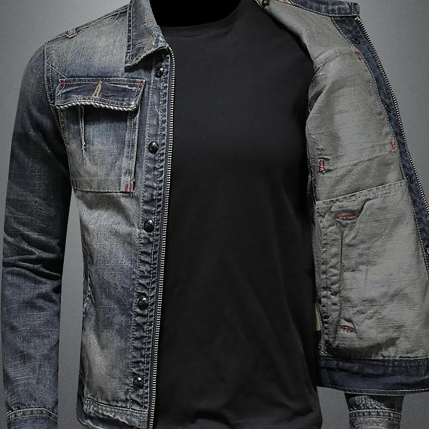 Denim Jacket Men Zip Up Distressed Jean Jacket Lapel Collar Motorcycle Trucker Coat with Pockets