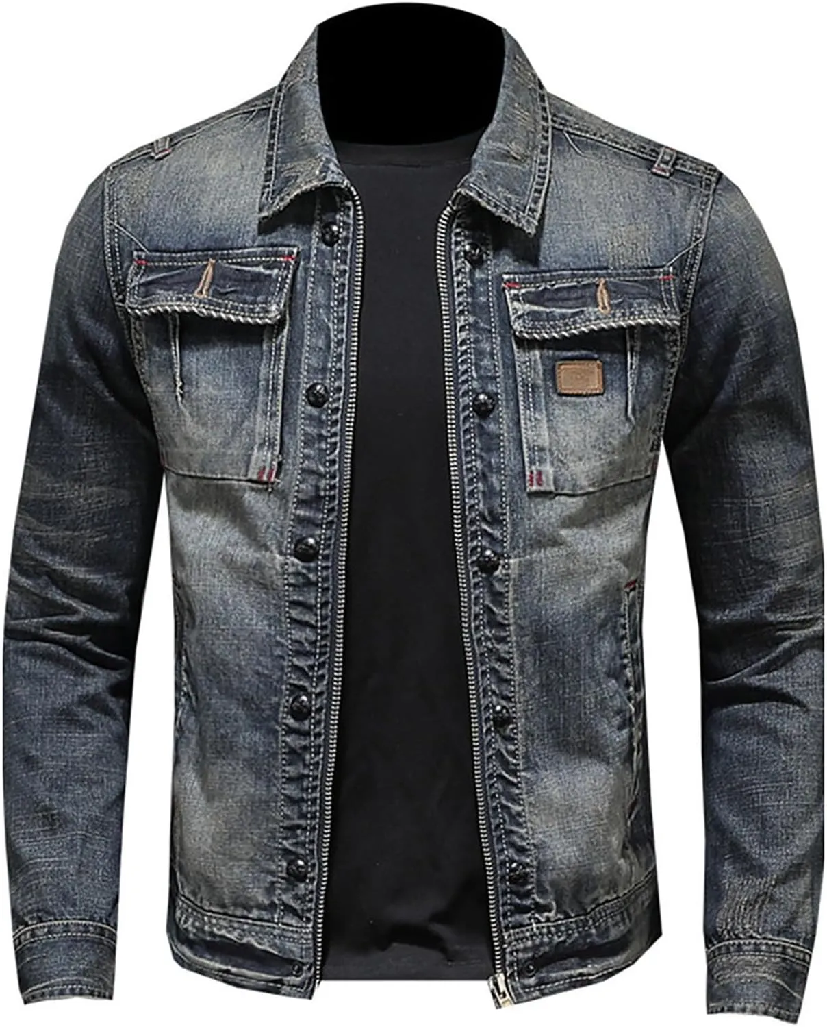 Denim Jacket Men Zip Up Distressed Jean Jacket Lapel Collar Motorcycle Trucker Coat with Pockets